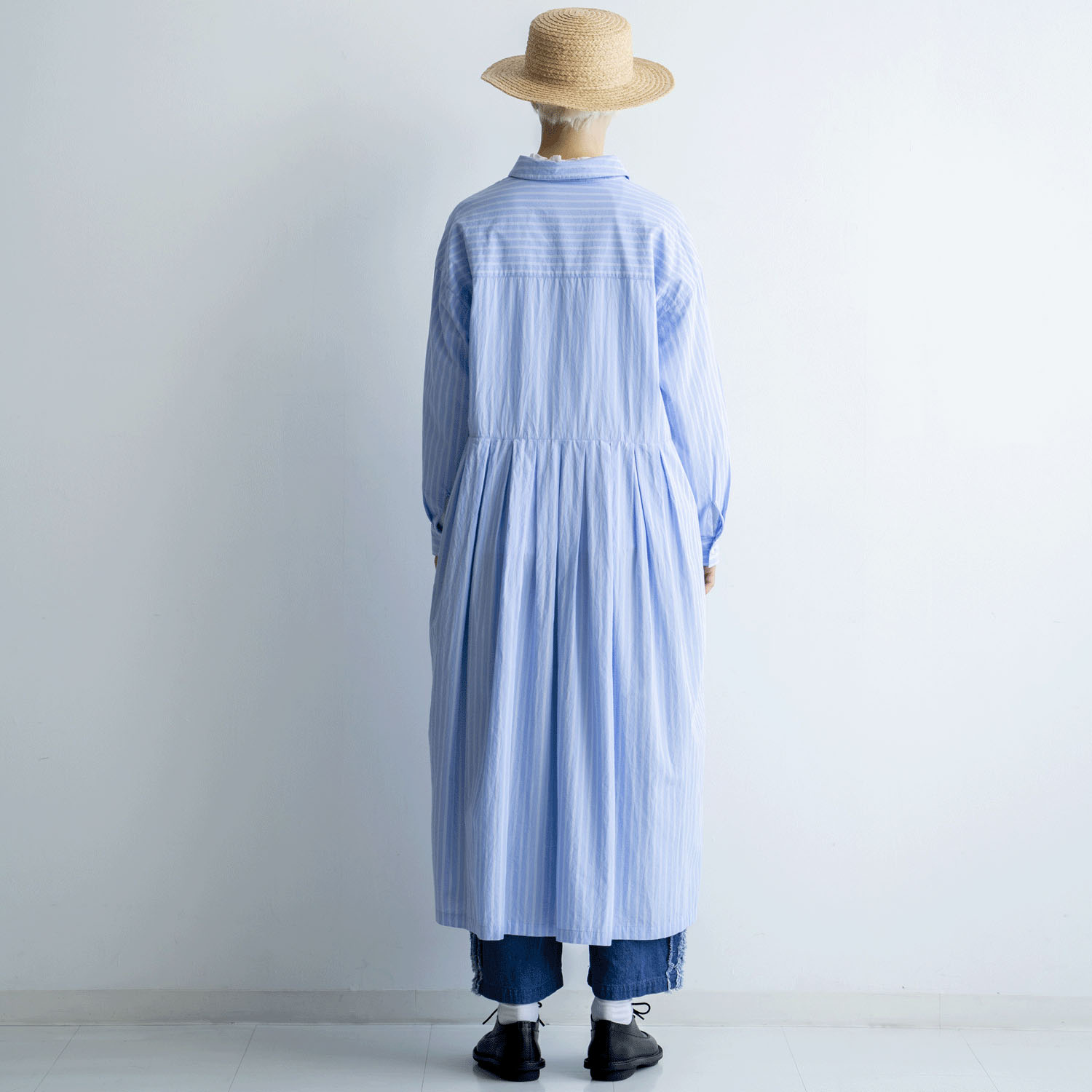 ista－ire 綿麻ストライプ柄 ウエストタックワンピース - 画像7