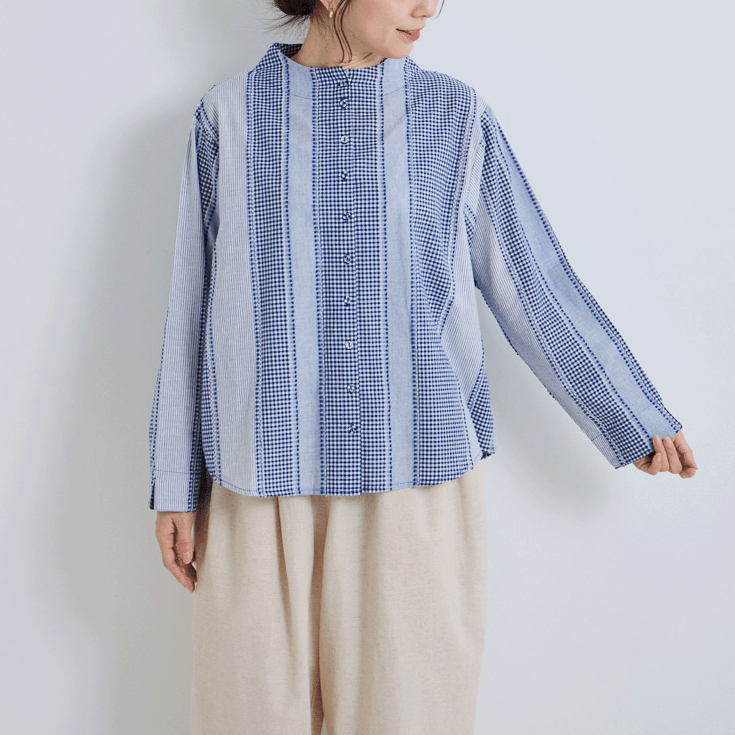 YURK genite van イレギュラーギンガムガンジーネックシャツ