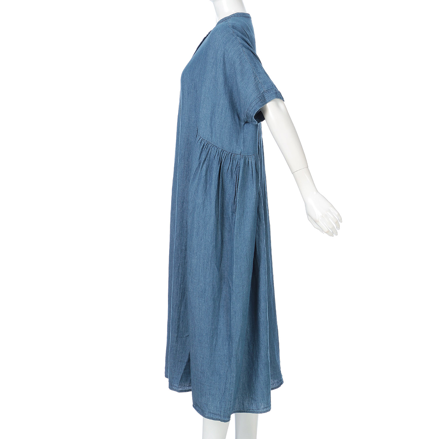 ista－ire 4．5oz綿麻甘撚りデニム（ista－ireオリジナル生地）サイドギャザーワンピース - 画像6