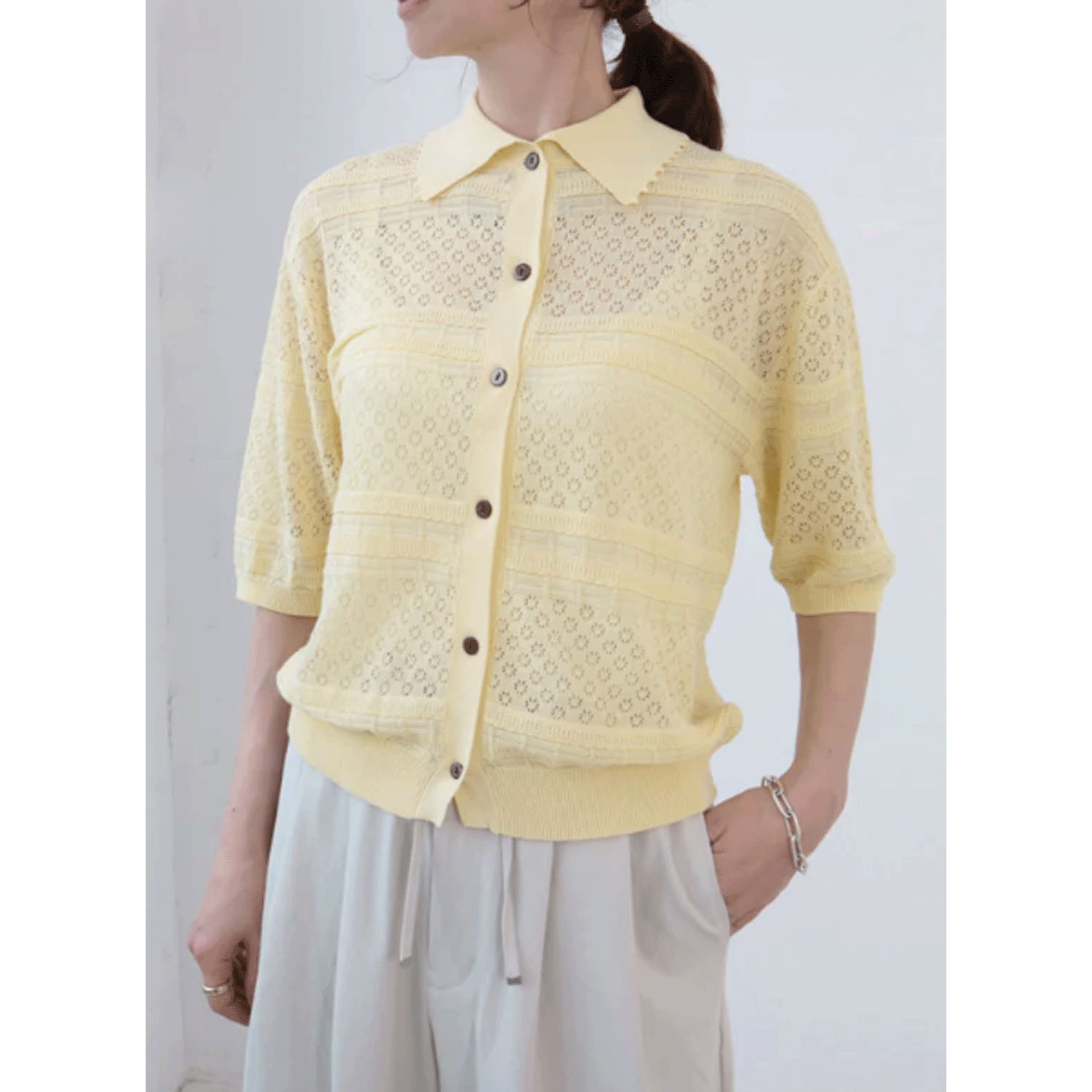 doux bleu  オープンワーク 半袖ニットシャツ - 画像9