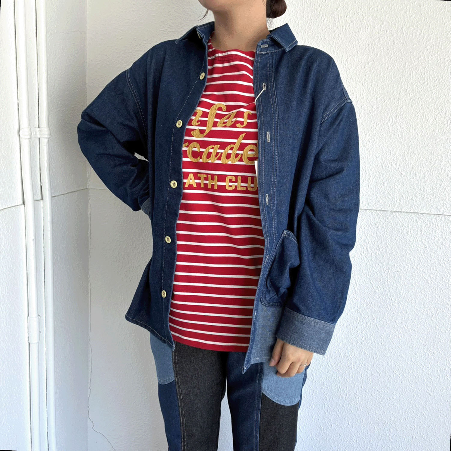 【CUBE SUGAR】8オンスリサイクルデニム長袖ビッグシャツ