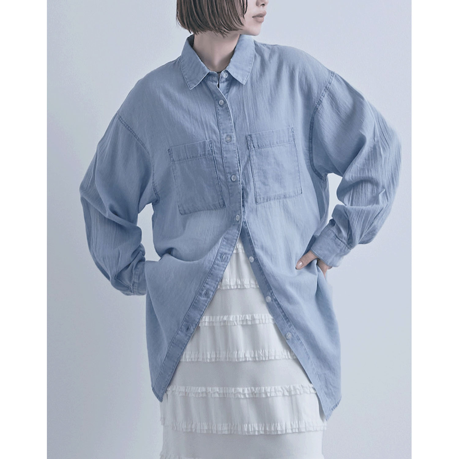 シアーデニム胸両ポケシャツ