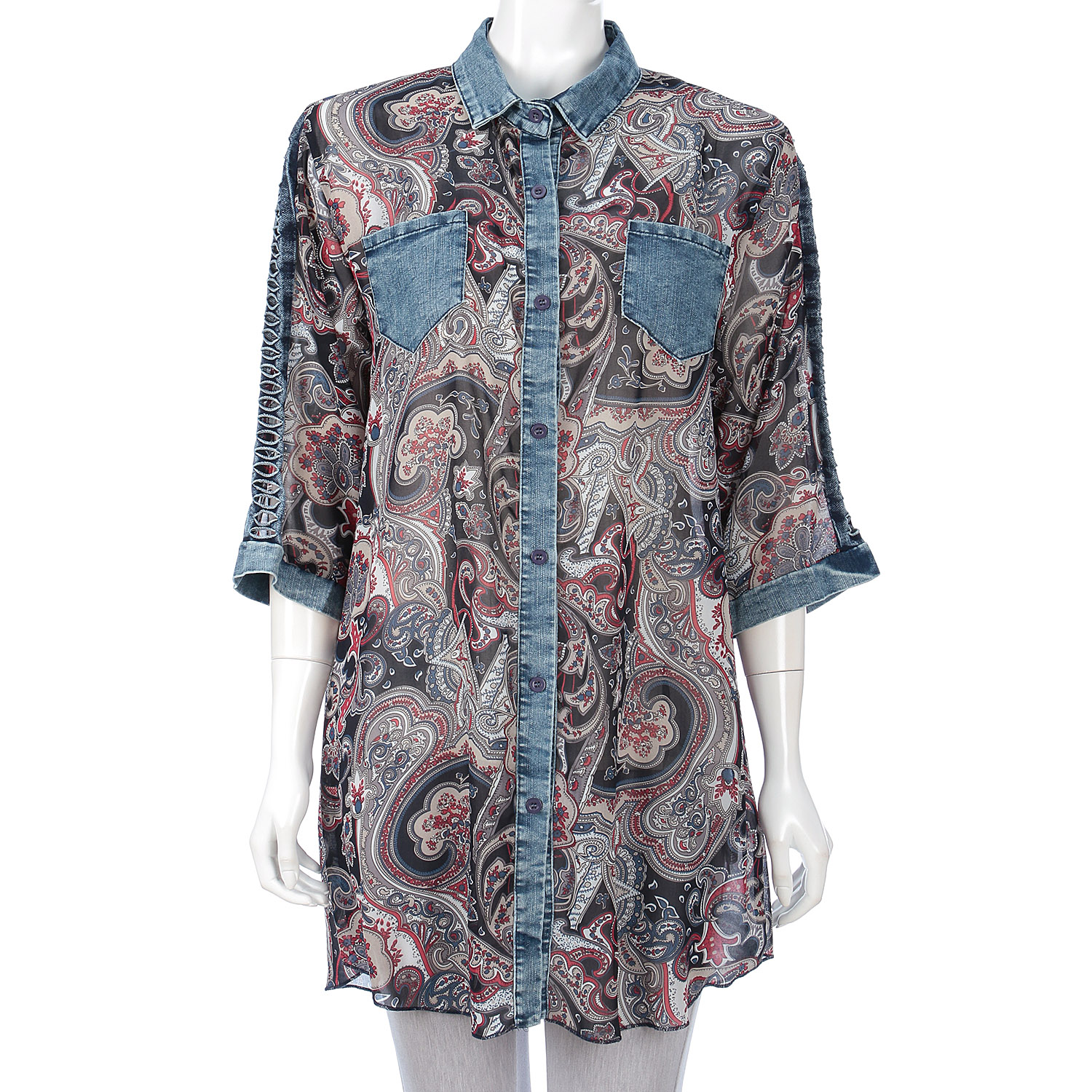 プリント×デニム切替ブラウス - 画像4