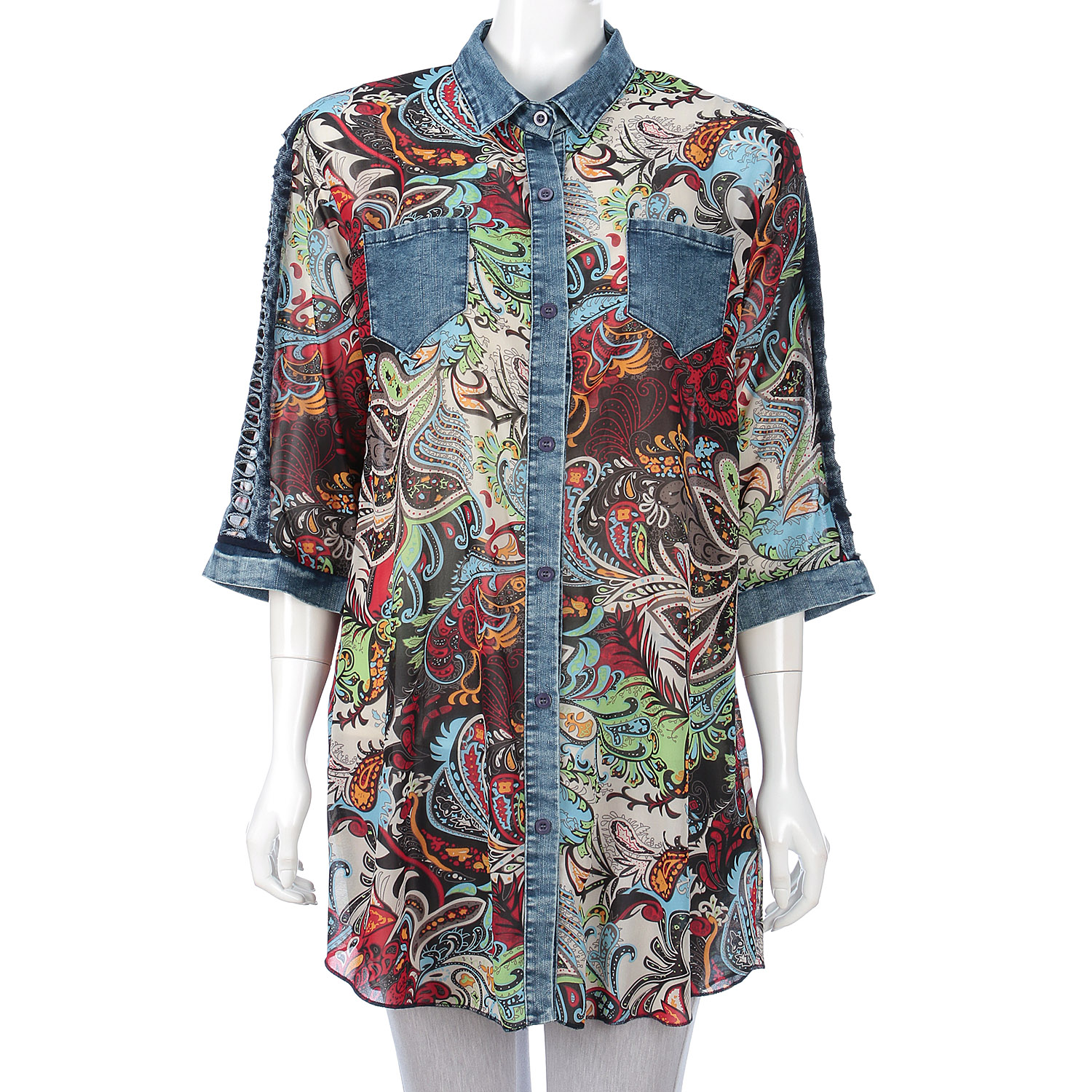 プリント×デニム切替ブラウス