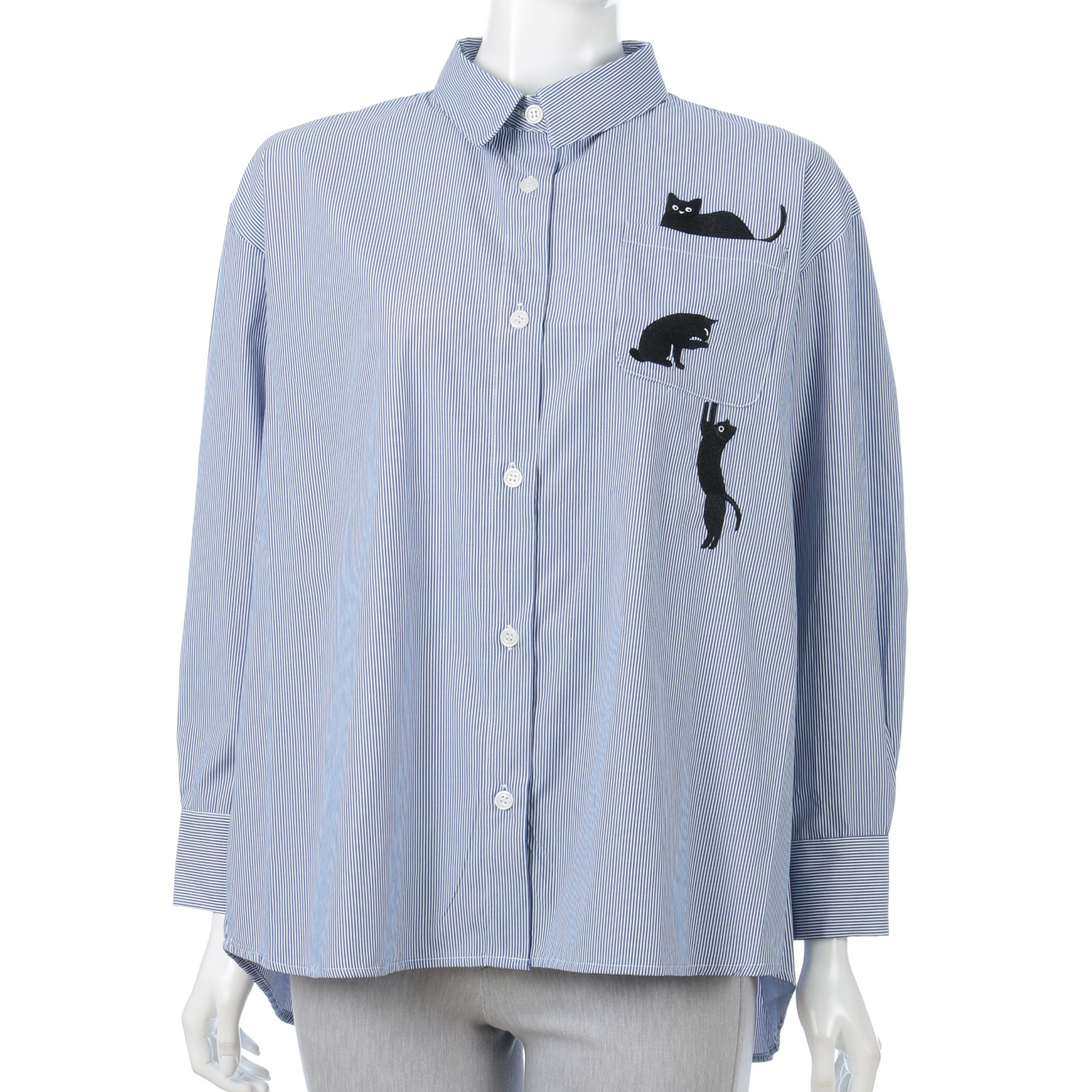 Myauris猫刺繍先染めストライプシャツ