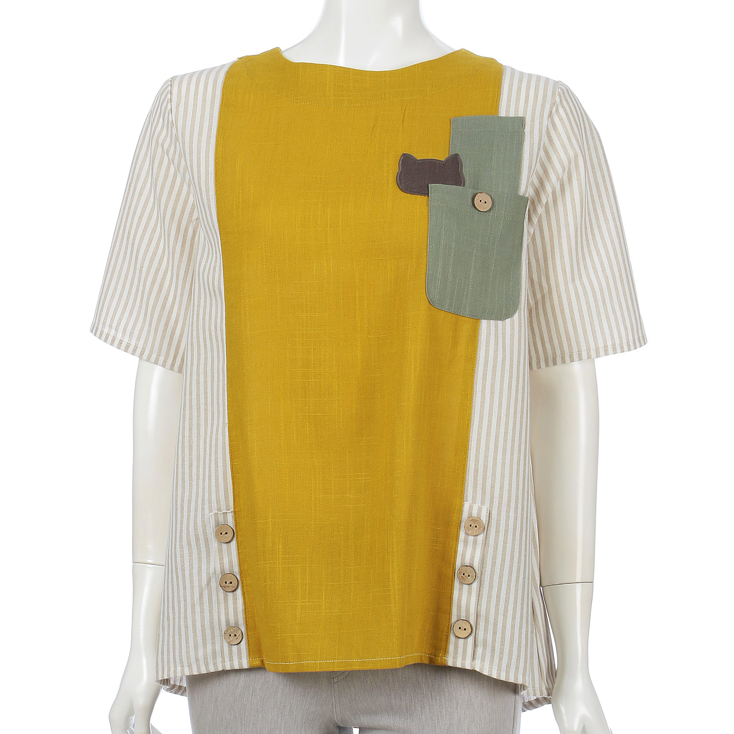 ストライプ切替ネコモチーフプルオーバー