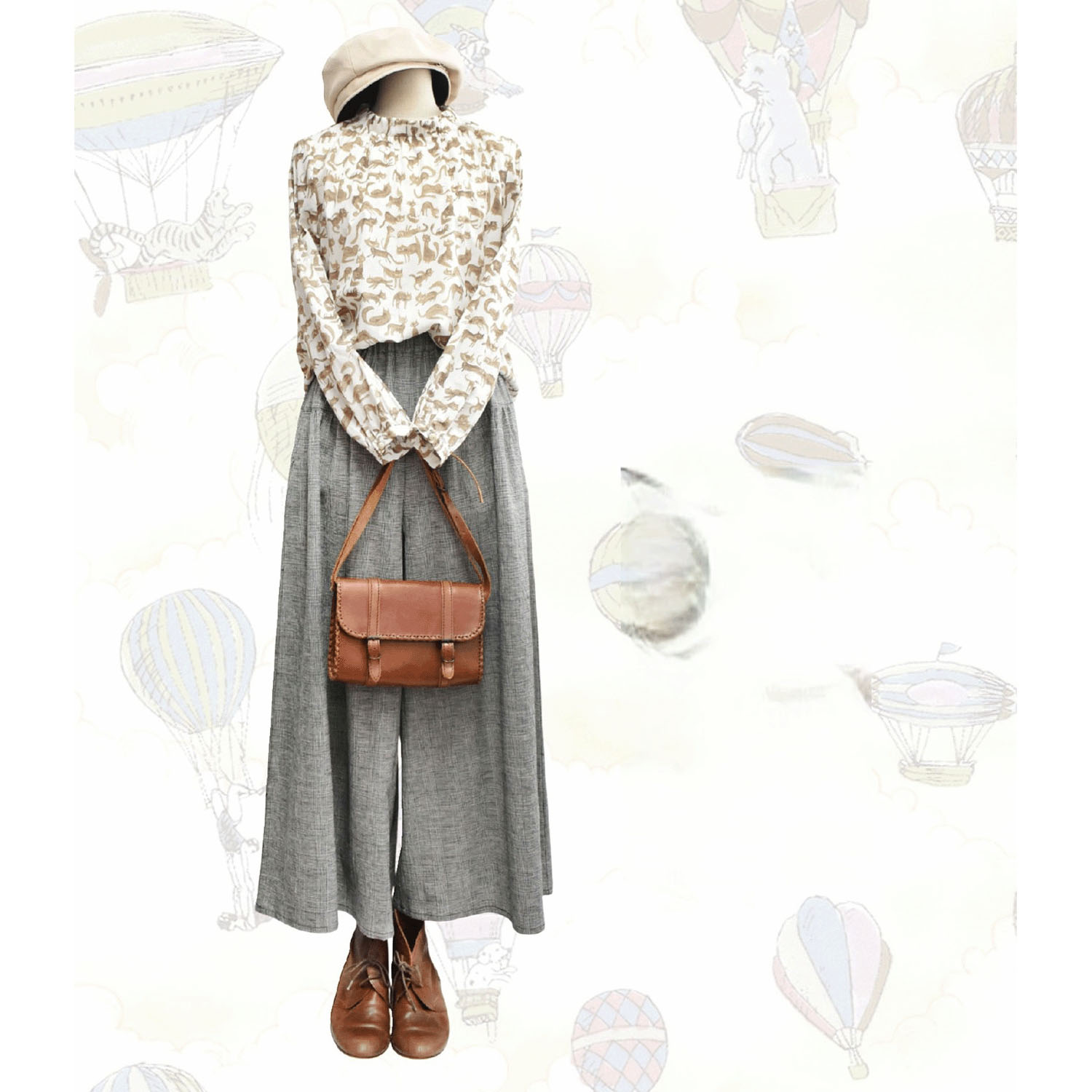 猫柄ギャザーブラウス