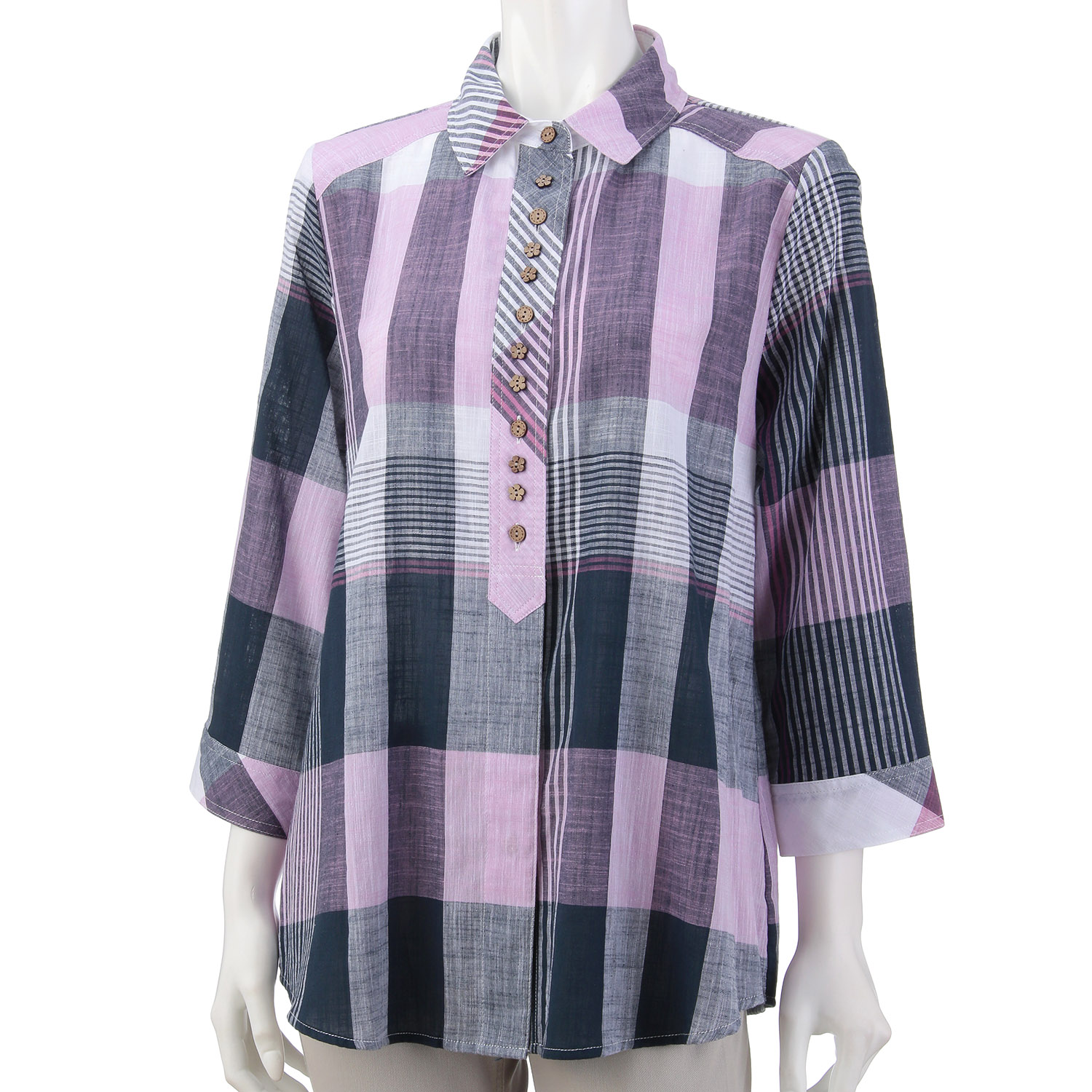 綿先染め格子ブラウス - 画像3