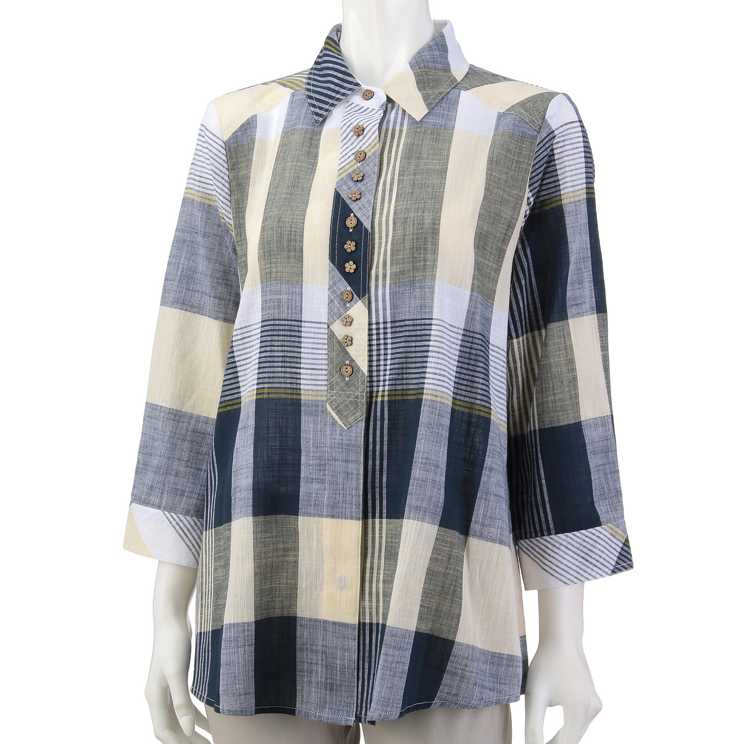 綿先染め格子ブラウス