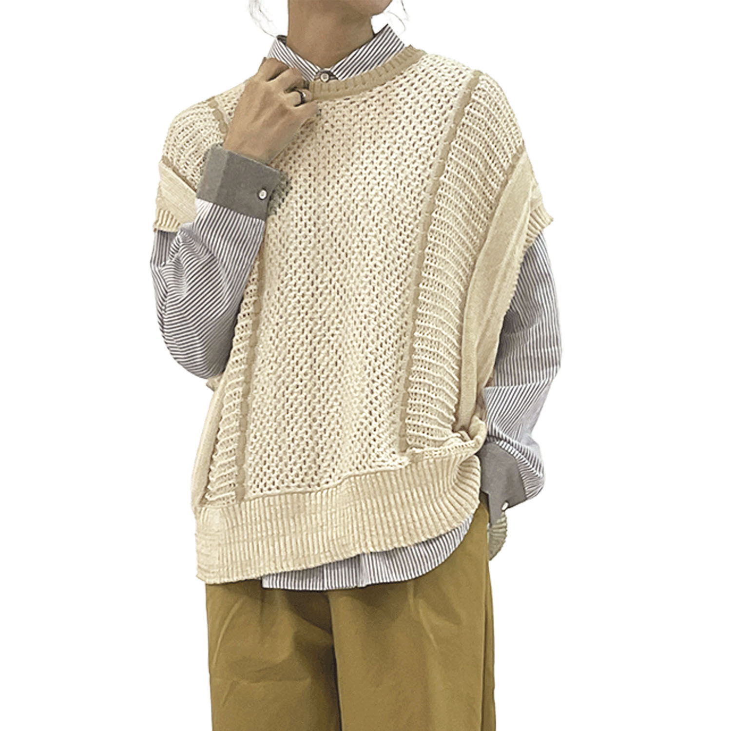 GENTIL 麻タッチメッシュ編みベスト - 画像5