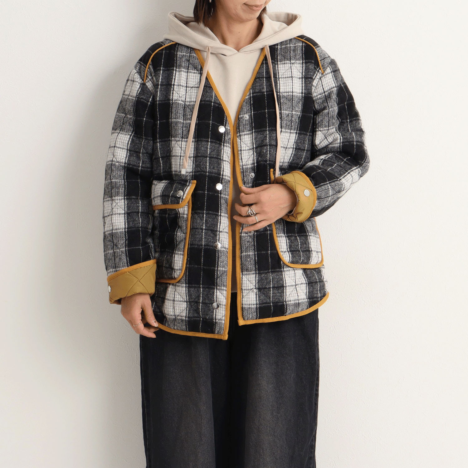 le colis フェイクウールチェックキルト薄中綿ジャケット