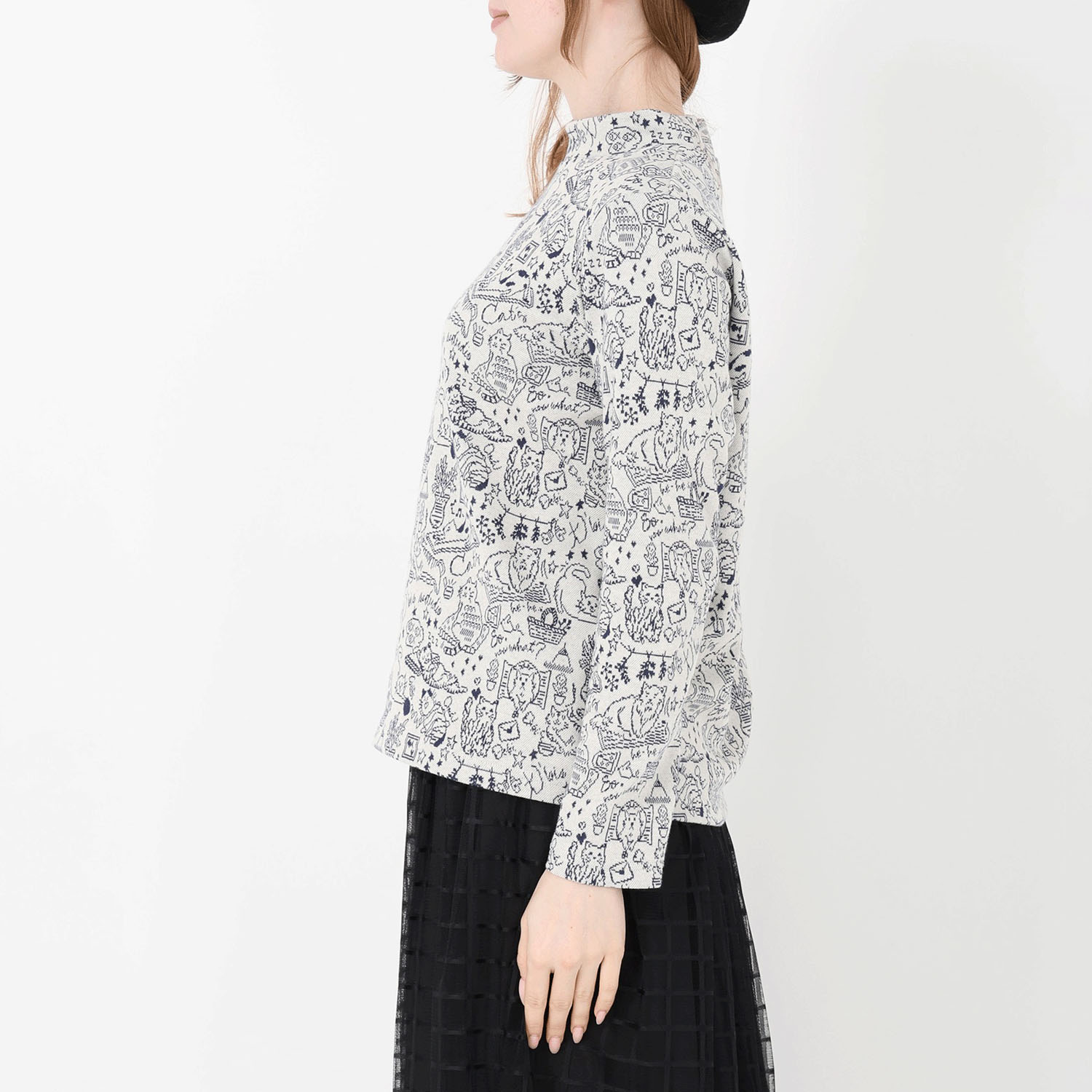 T’BIS STUDIO 長袖ネコ柄ダブルジャカード起毛ハイネックカットソー - 画像12