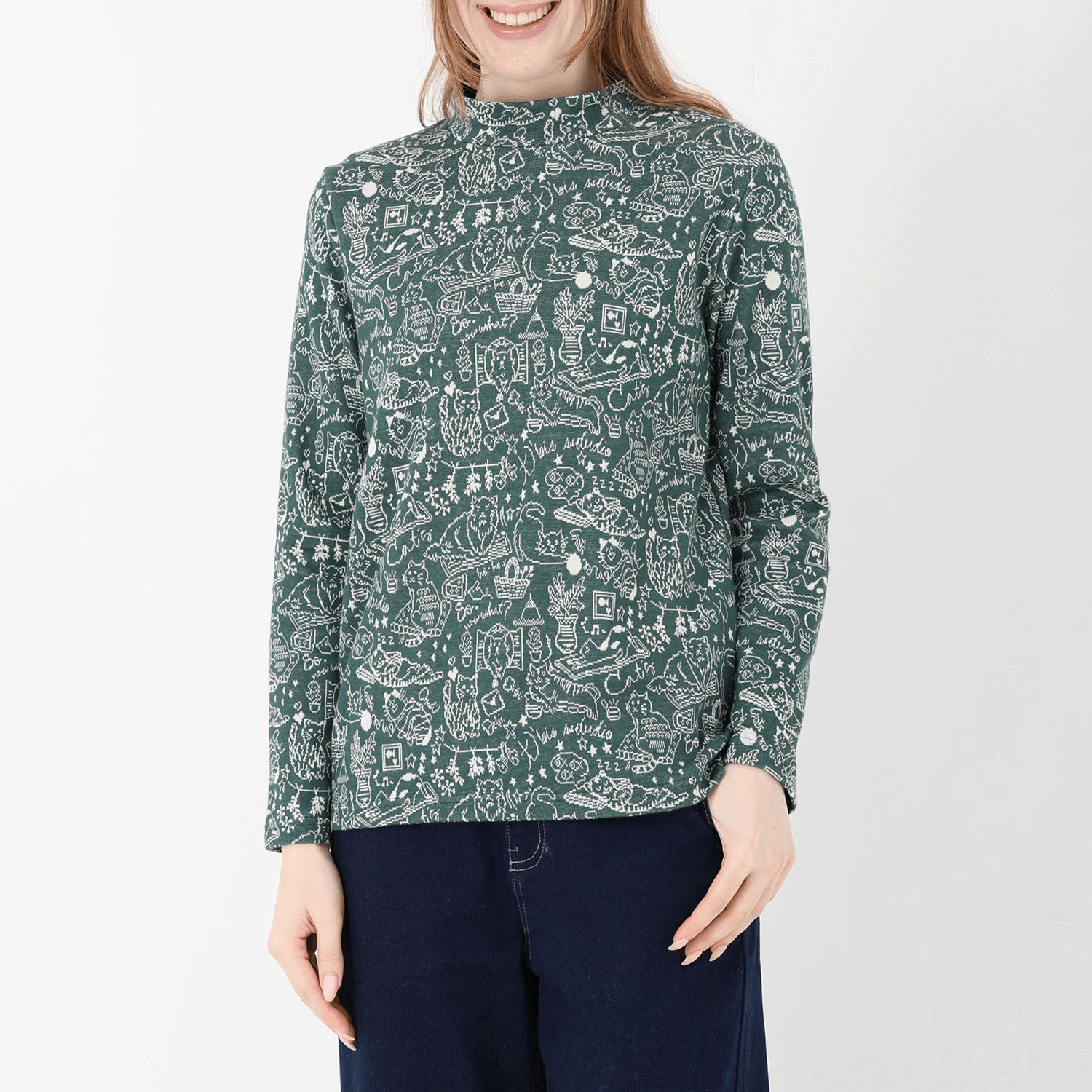 T’BIS STUDIO 長袖ネコ柄ダブルジャカード起毛ハイネックカットソー - 画像5