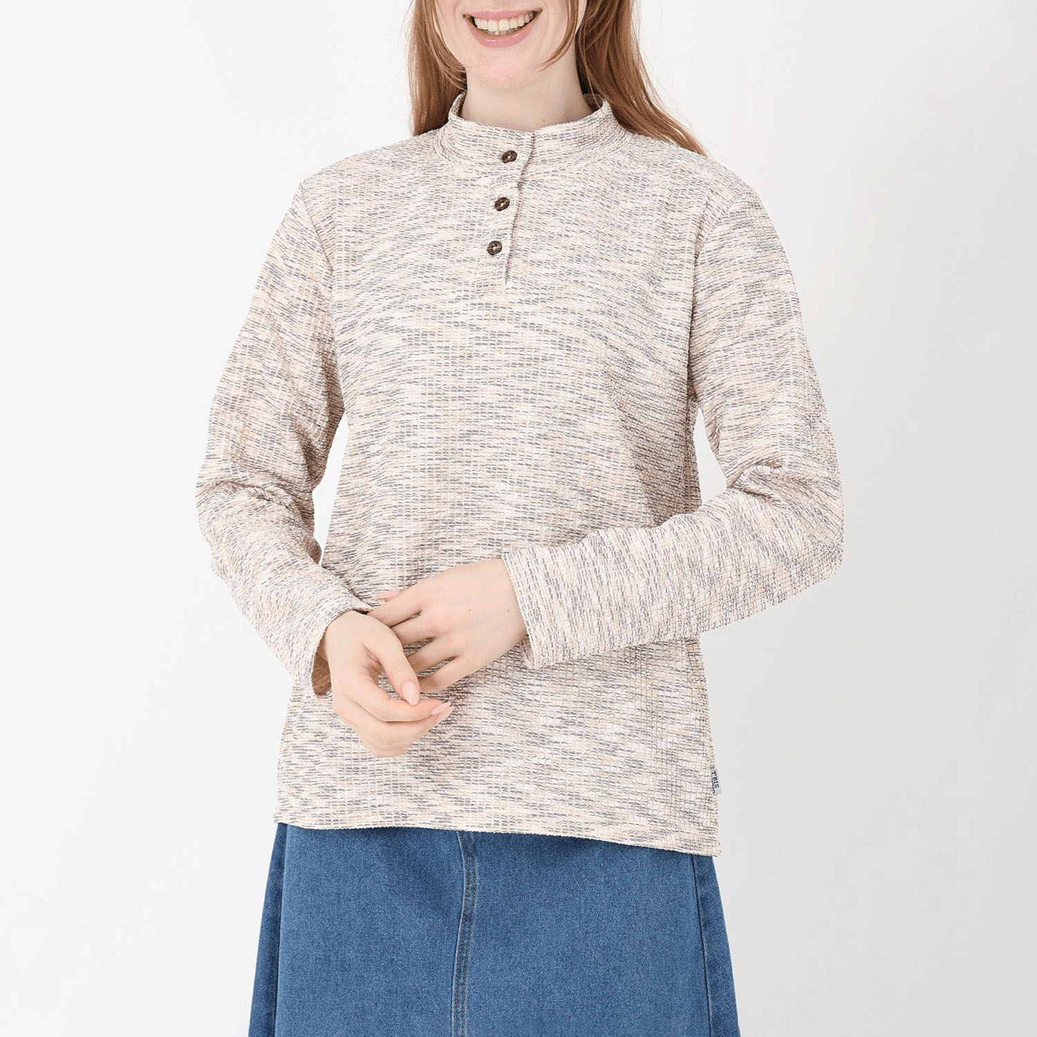 T’BIS STUDIO かすりジャカード前立てハイネックプルオーバー