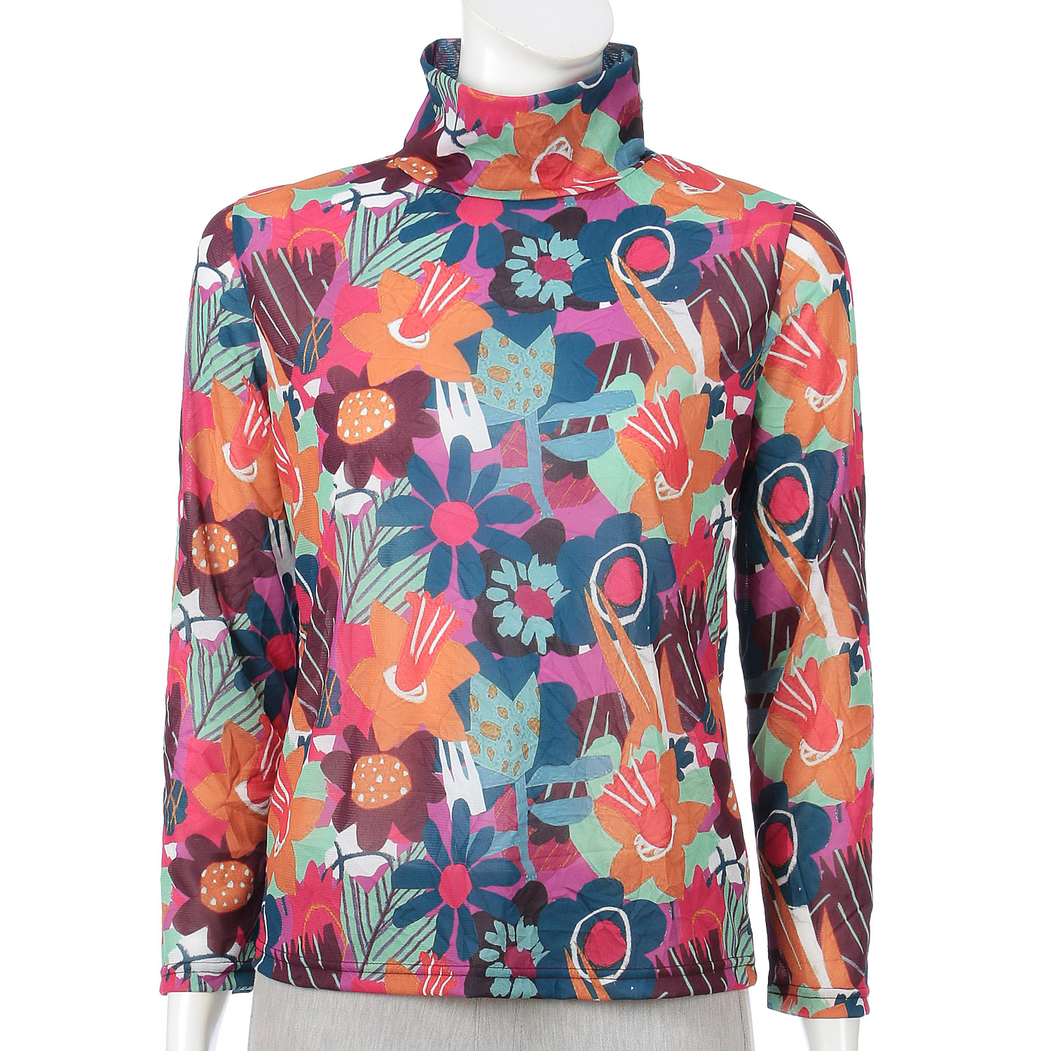 ワッシャー加工転写プリントハイネック