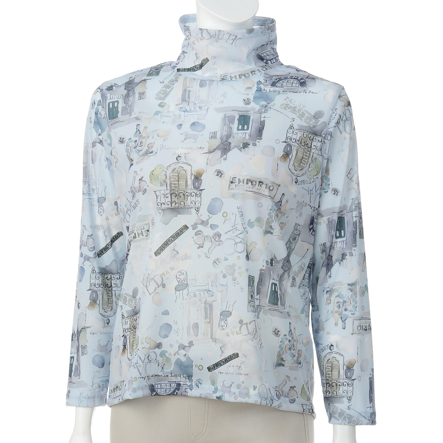 メッシュプリントボトルネックプリントカットソー