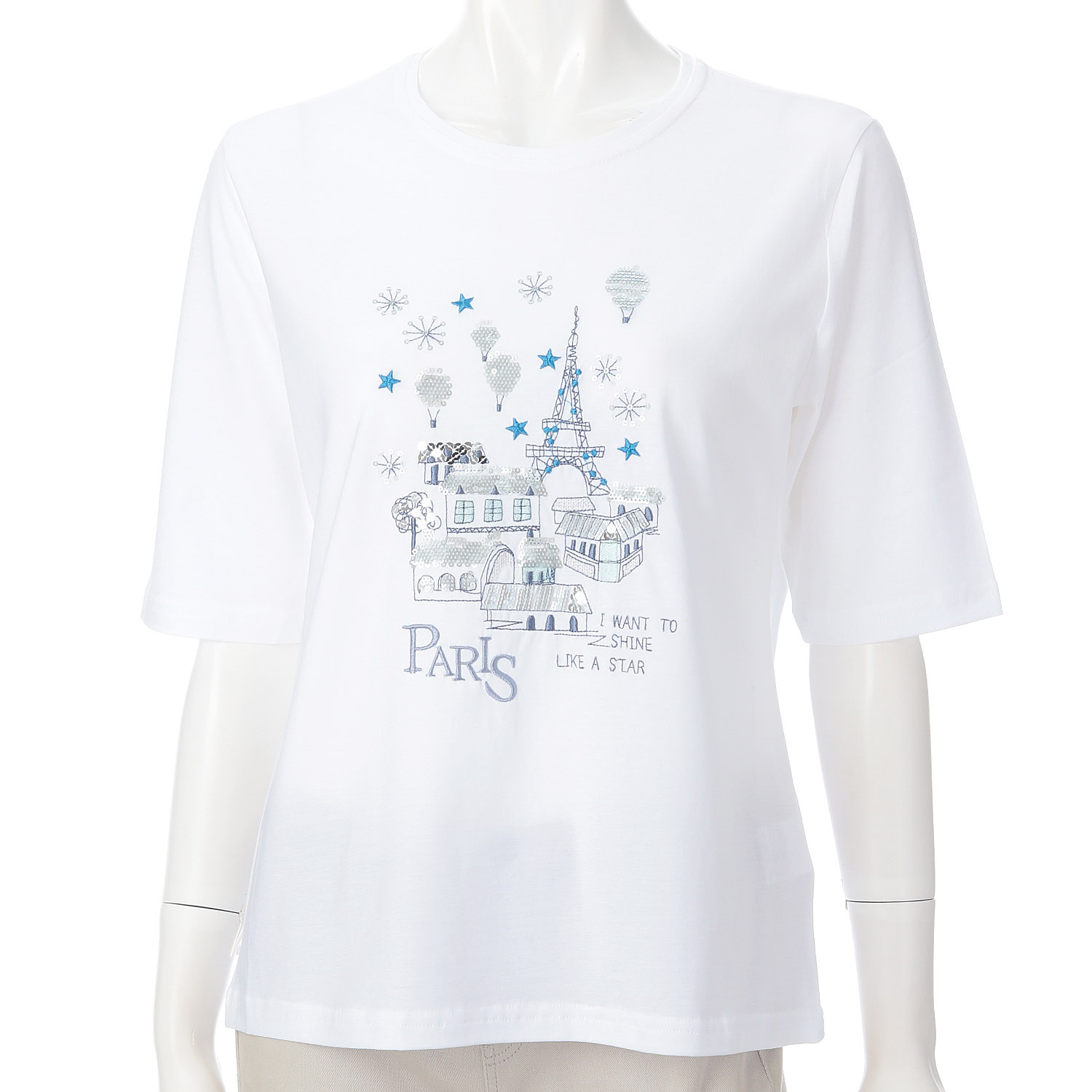 丸首5分袖刺繍 エッフェル塔柄Tシャツ - 画像2