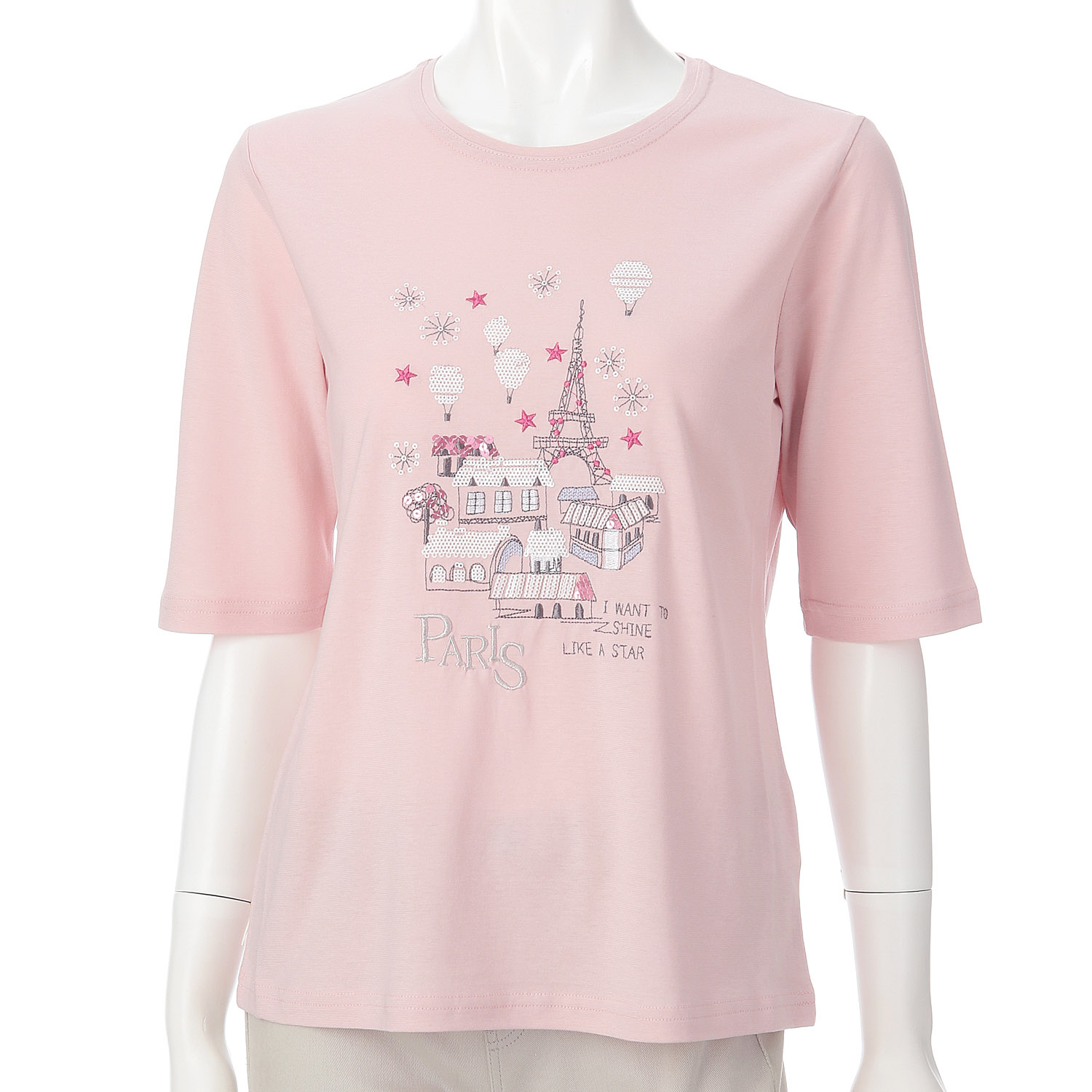 丸首5分袖刺繍 エッフェル塔柄Tシャツ - 画像3