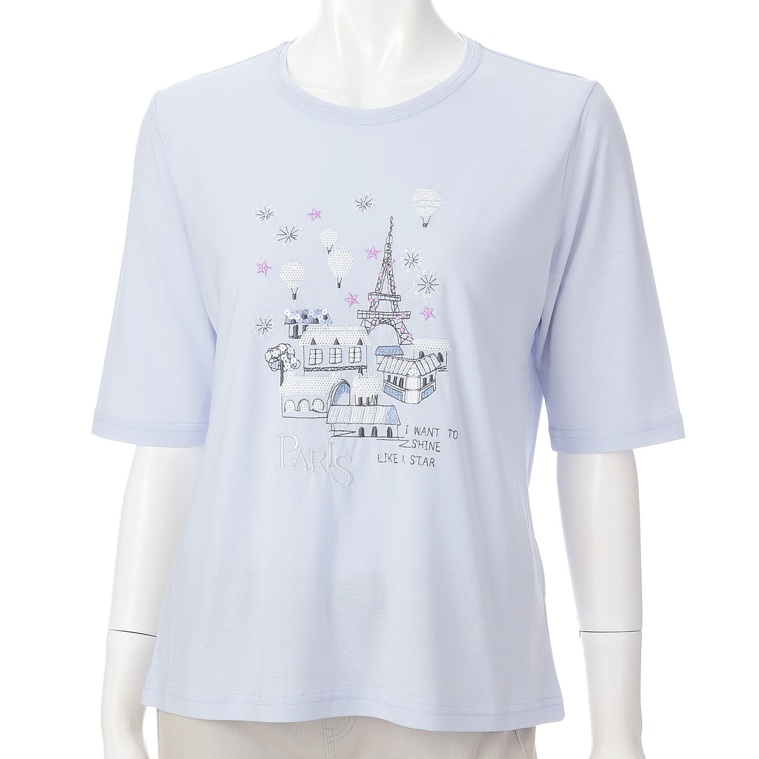 丸首5分袖刺繍 エッフェル塔柄Tシャツ - 画像6