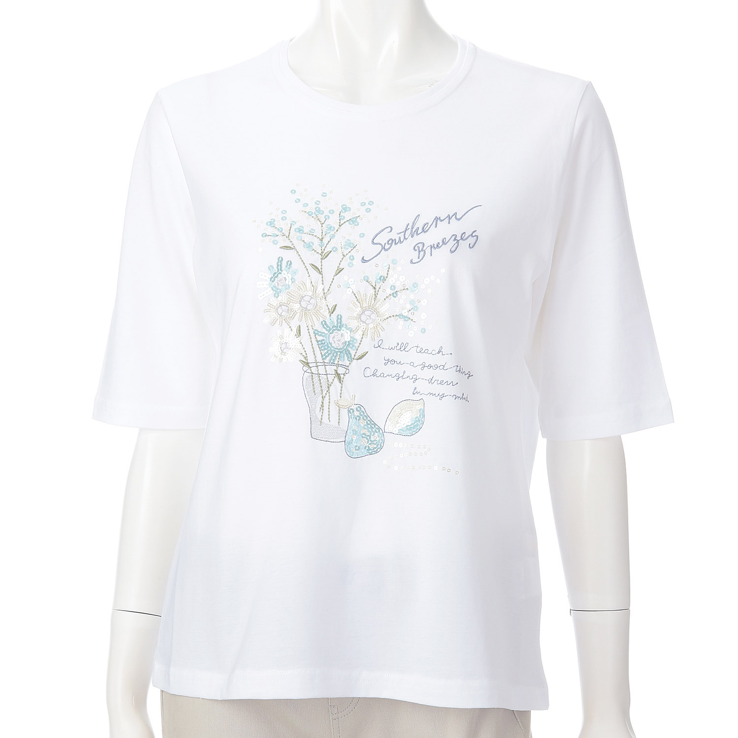 丸首5分袖刺繍 花瓶花柄Tシャツ - 画像2