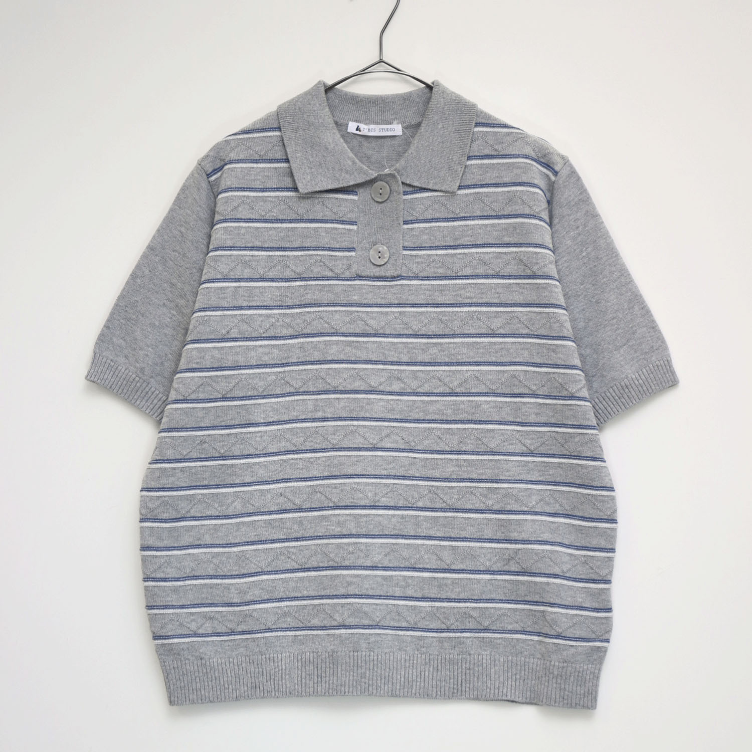 T’BIS STUDIO ボーダージグザグ柄半袖サマーニットポロシャツ