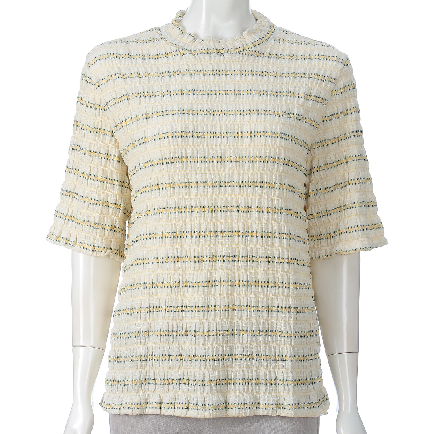 T’BIS STUDIO シャーリングジャカード小花柄ハイネック5分袖Tシャツ - 画像10