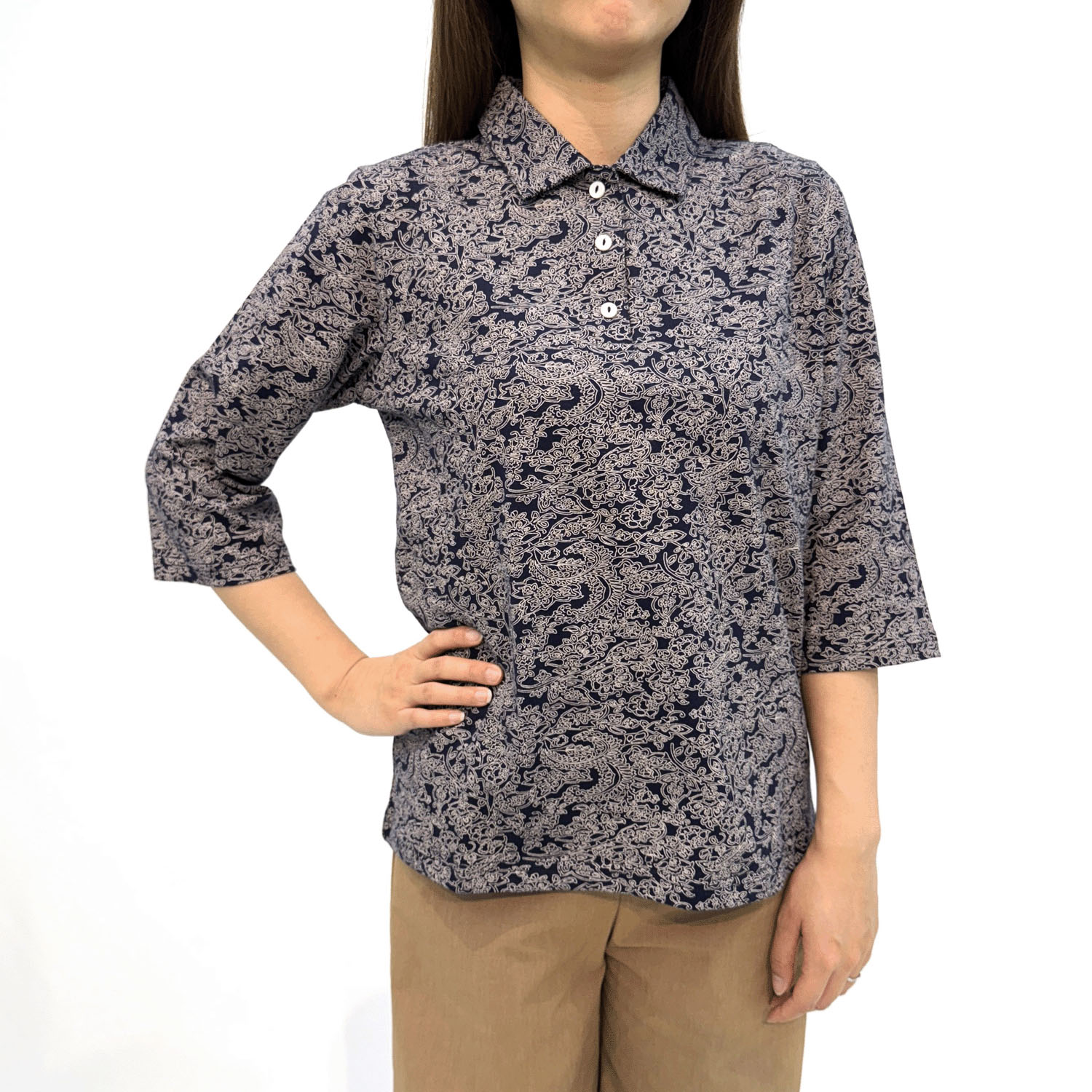 T’BIS STUDIO オリエンタル柄総プリント7分袖ポロシャツ