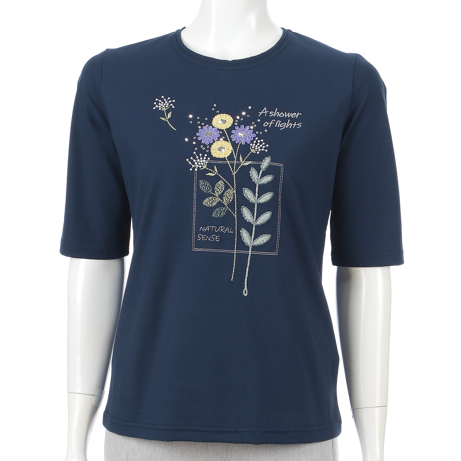 丸首5分袖刺繍T花柄 - 画像7