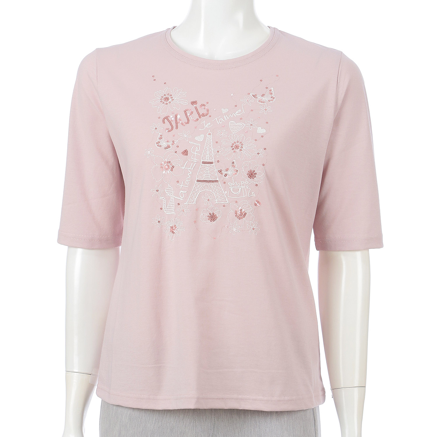 丸首5分袖刺繍T エッフェル塔柄