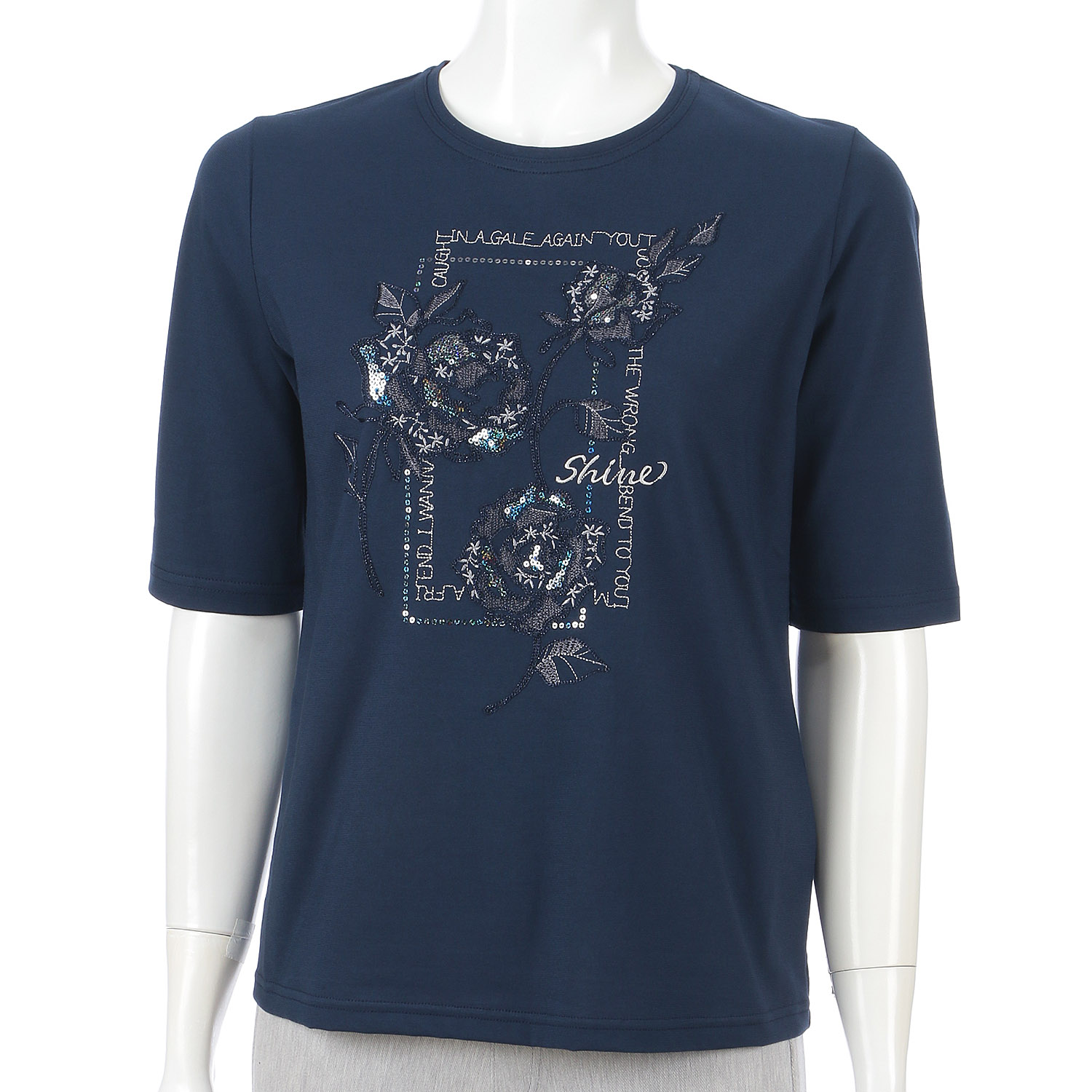 丸首5分袖刺繍T四角花柄