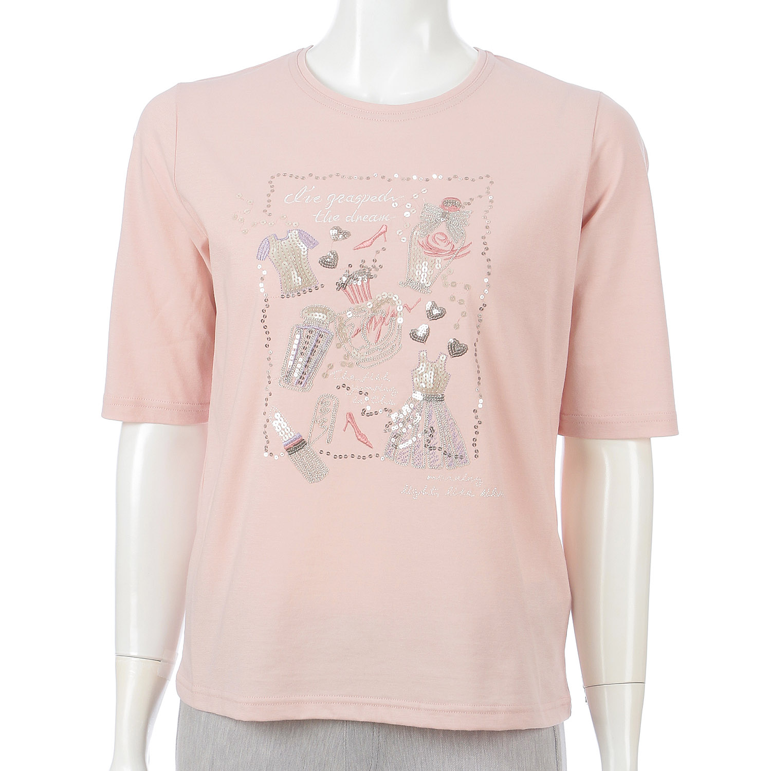 丸首5分袖刺繍T ドレス柄 - 画像5