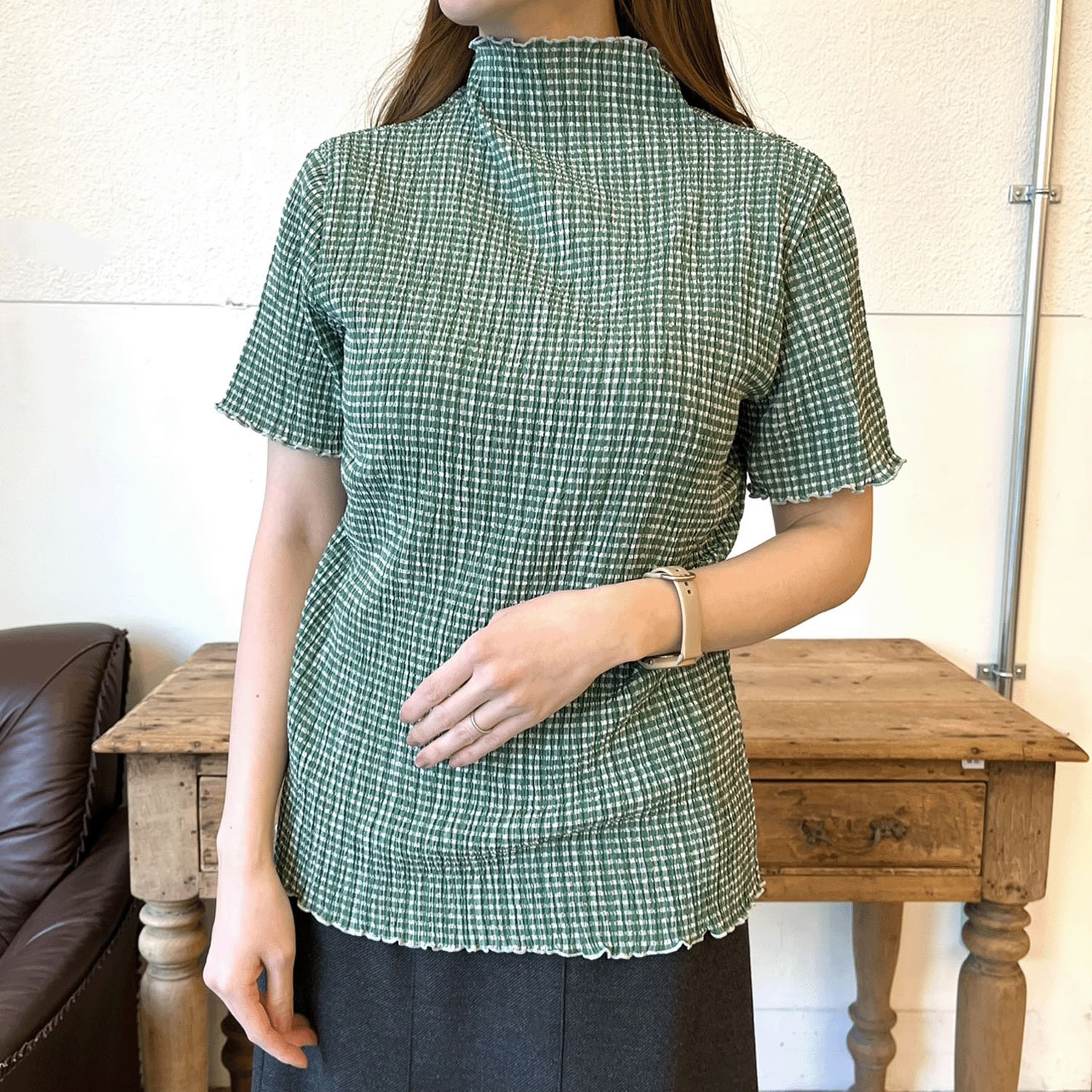 ギンガム楊柳ボトルネックカットソー - 画像3