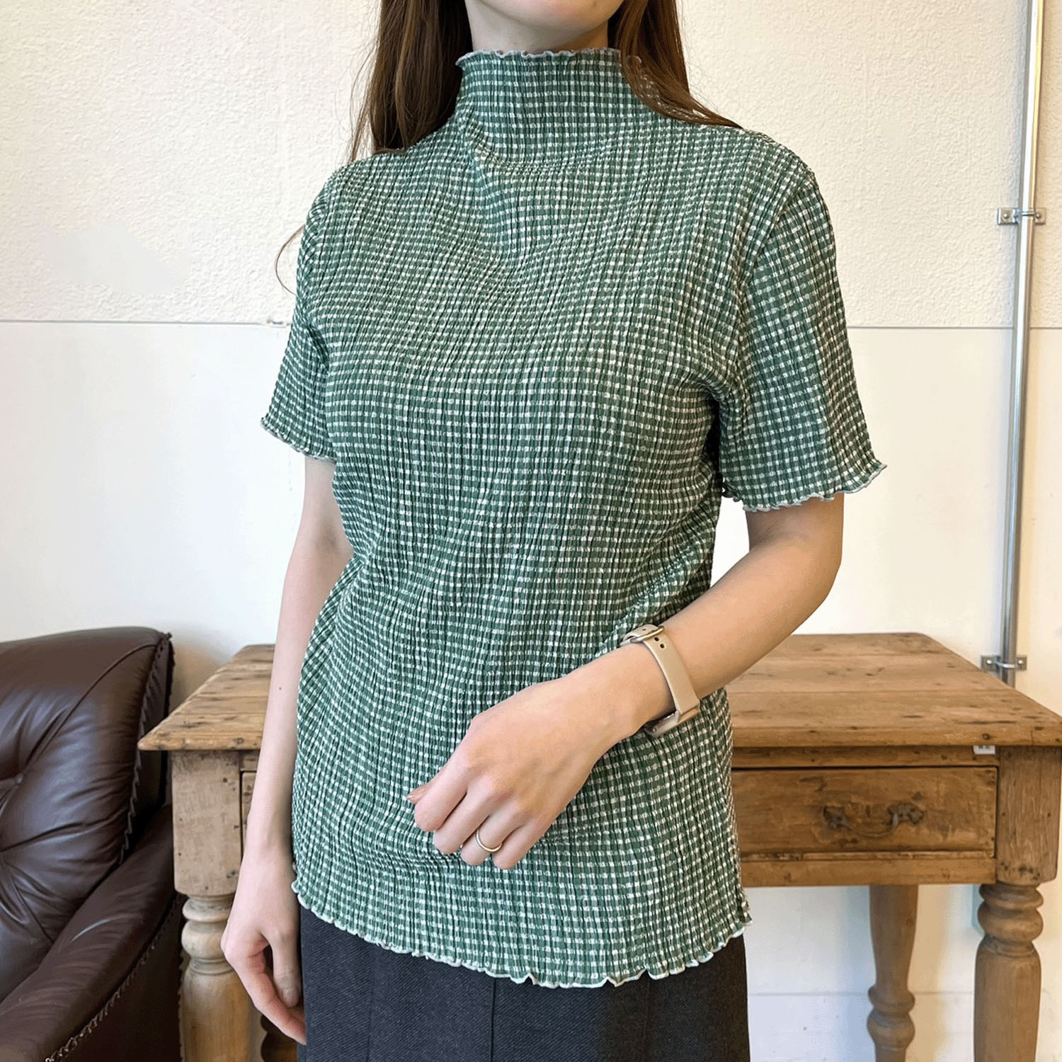 ギンガム楊柳ボトルネックカットソー - 画像6