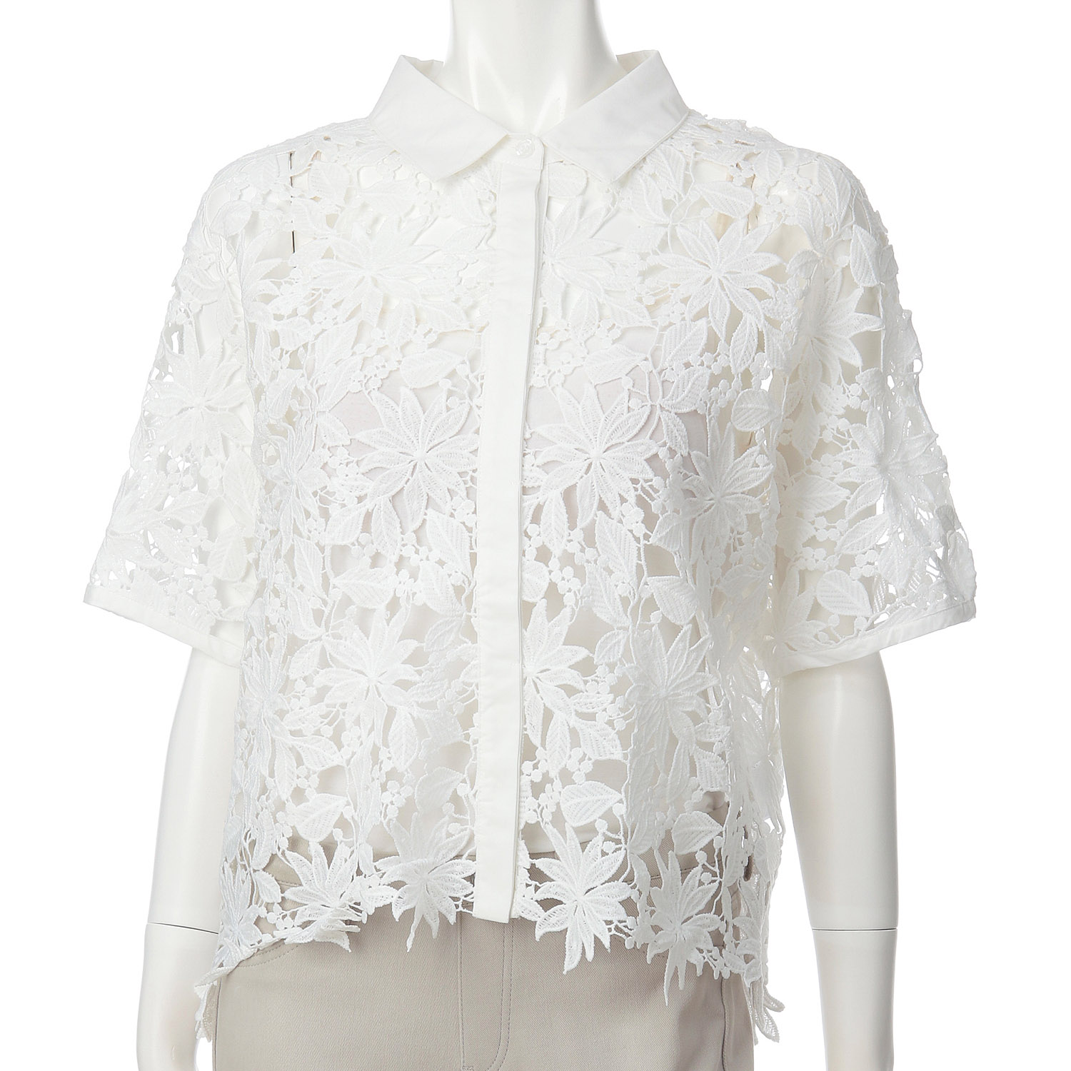 レース襟付きショート丈前開きブラウス
