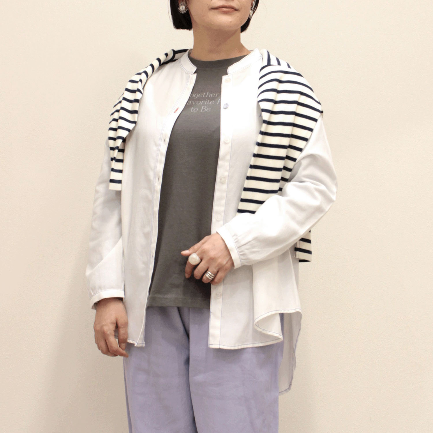 notorico アクセントステッチベーシックスタンドカラーロングシャツ