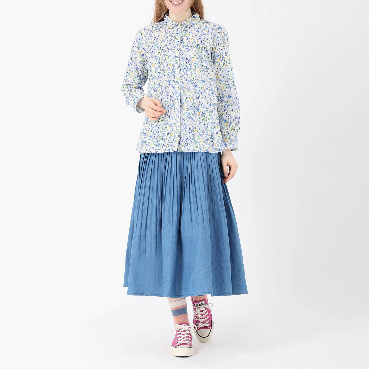 T’BIS STUDIO 水彩花柄プリント胸切替ギャザーシャツ - 画像13