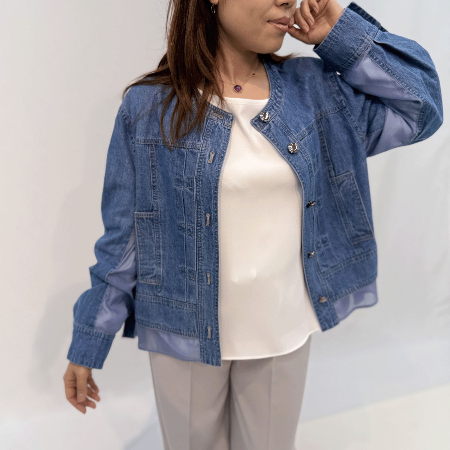 ハルズアミ ノーカラーデニムジャケット - 画像5