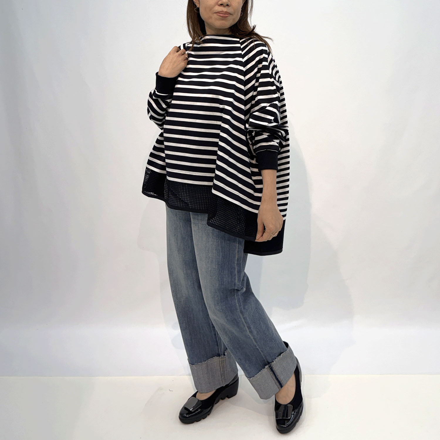 ハルズアミ メッシュヘムボーダーフレアプルオーバー