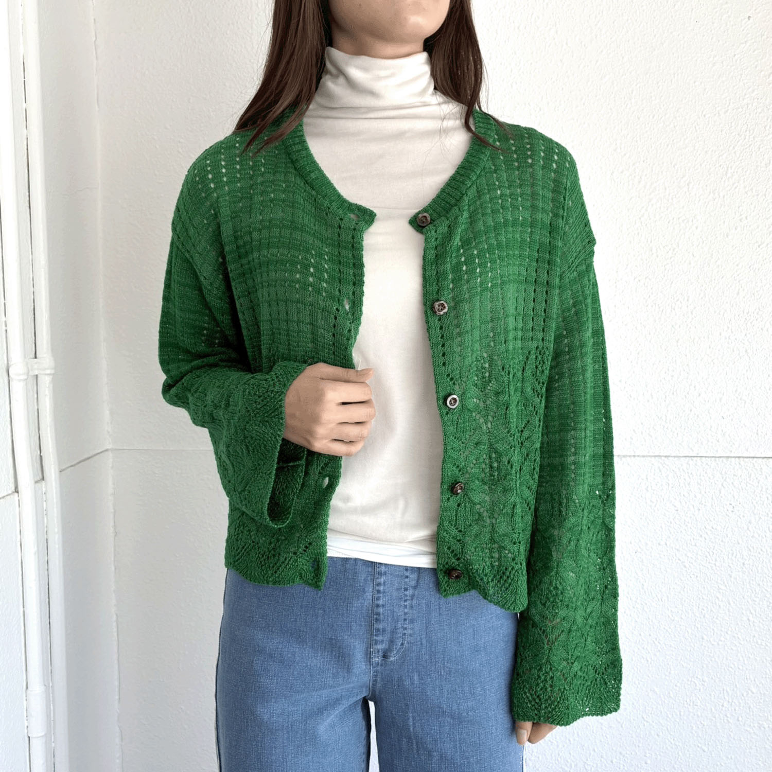 透かし柄丸首カーディガン - 画像2