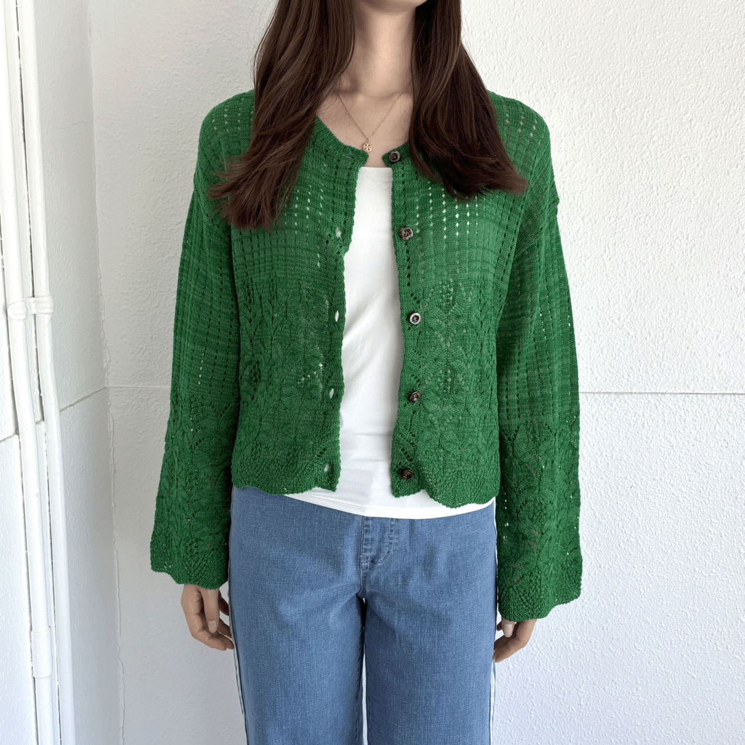 透かし柄丸首カーディガン - 画像5