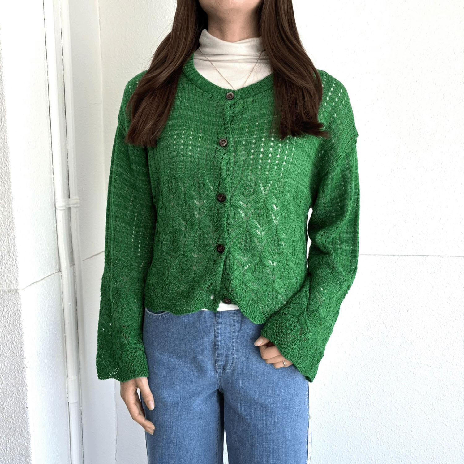 透かし柄丸首カーディガン - 画像10