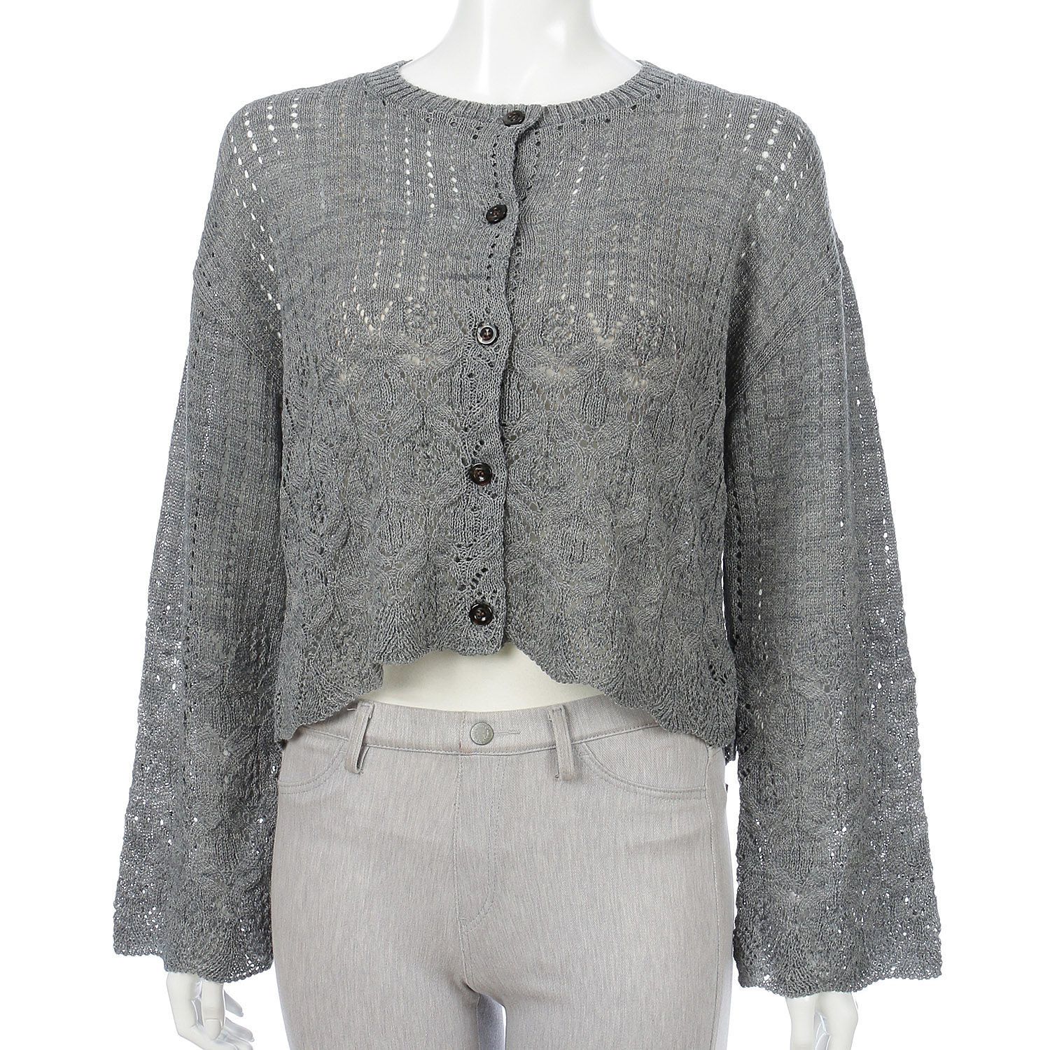 透かし柄丸首カーディガン