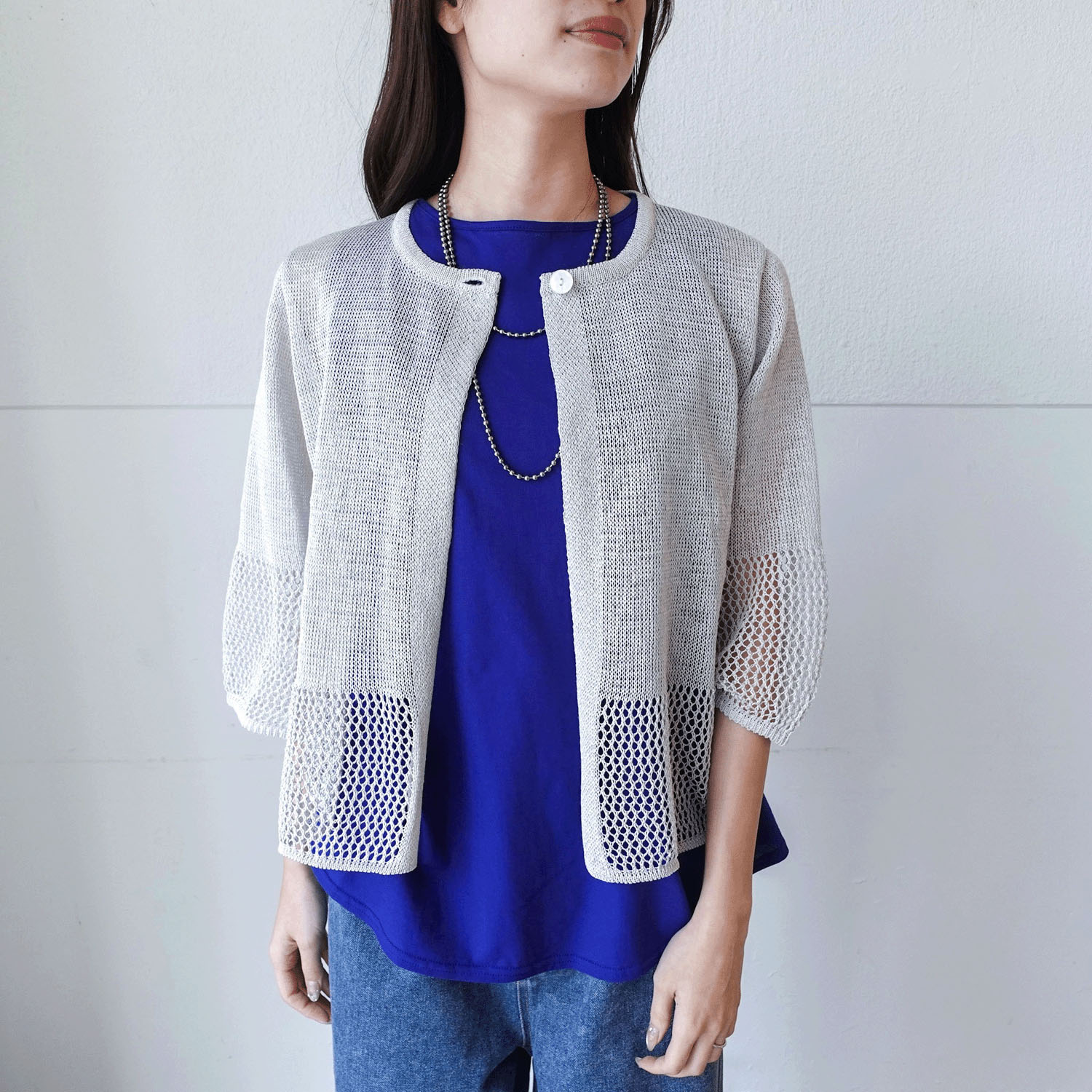 抄繊糸透かし編み1釦カーディガン - 画像11