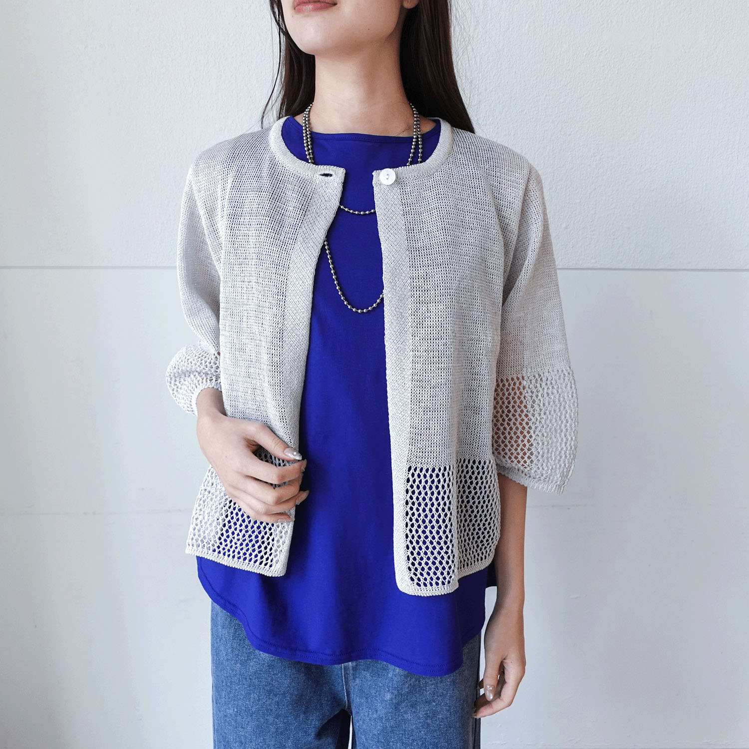 抄繊糸透かし編み1釦カーディガン - 画像12