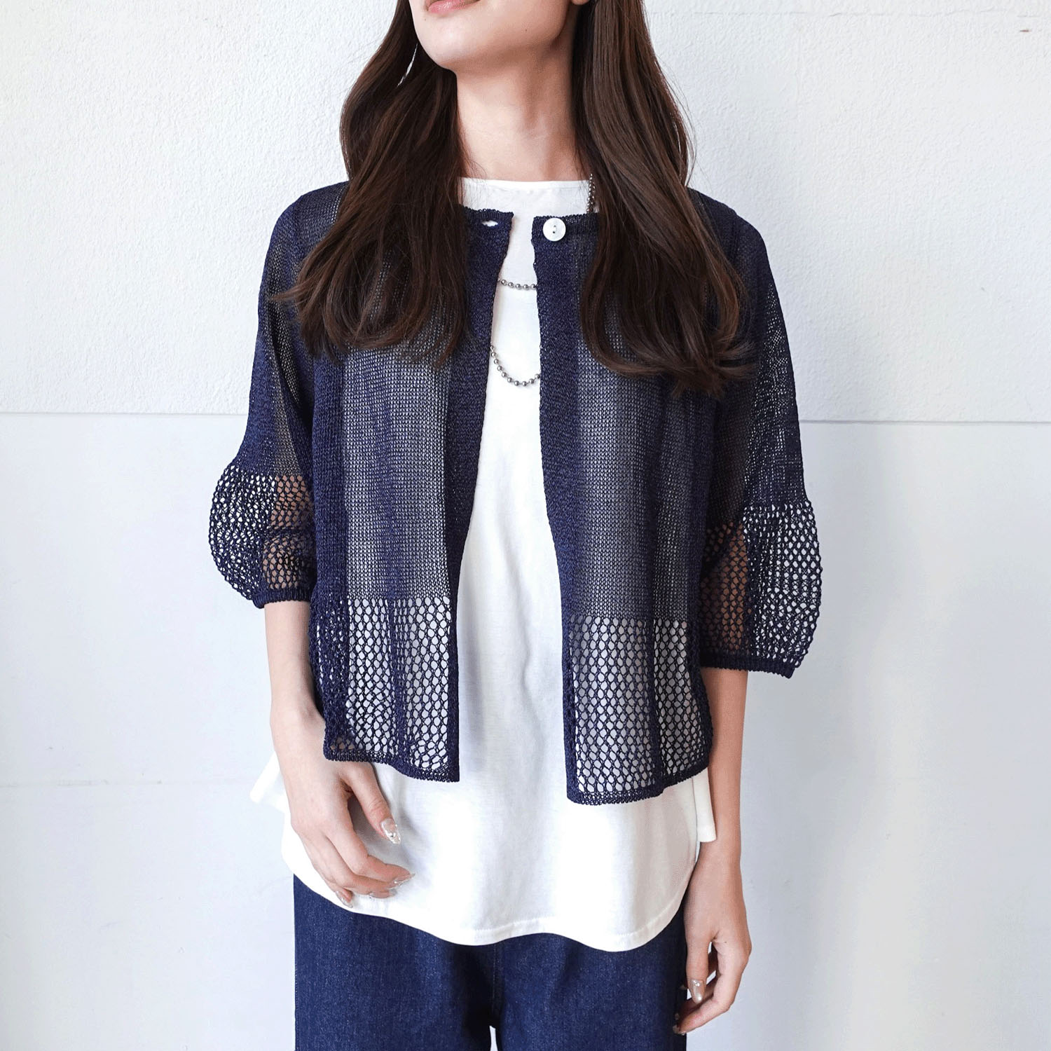 抄繊糸透かし編み1釦カーディガン - 画像17