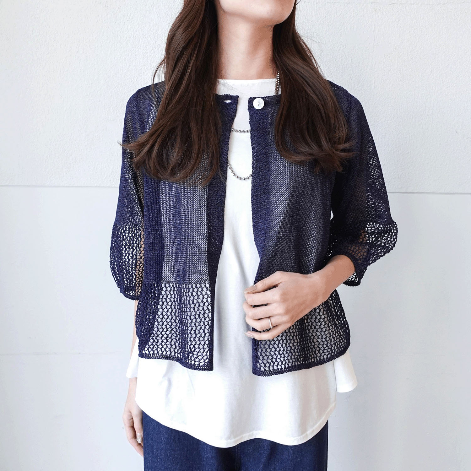 抄繊糸透かし編み1釦カーディガン - 画像18