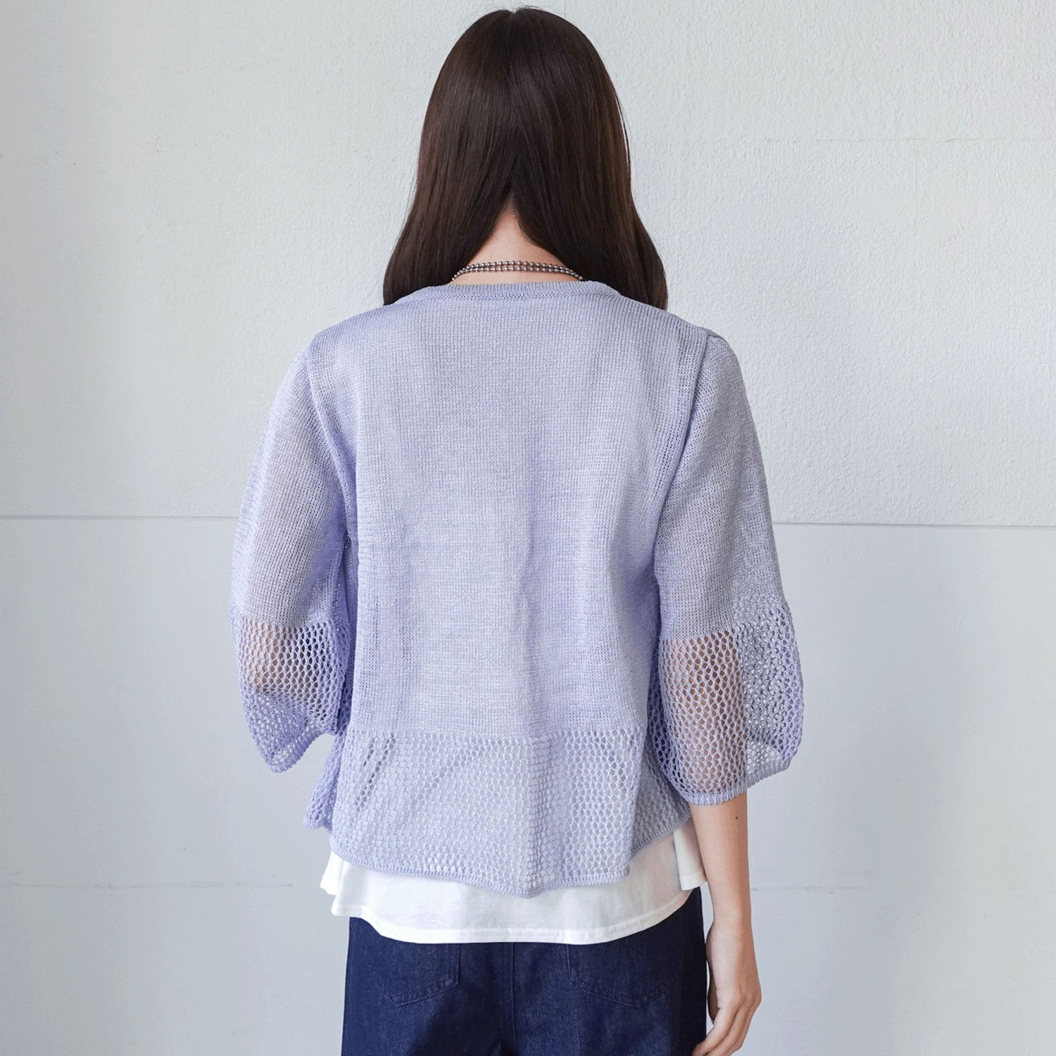 抄繊糸透かし編み1釦カーディガン - 画像3