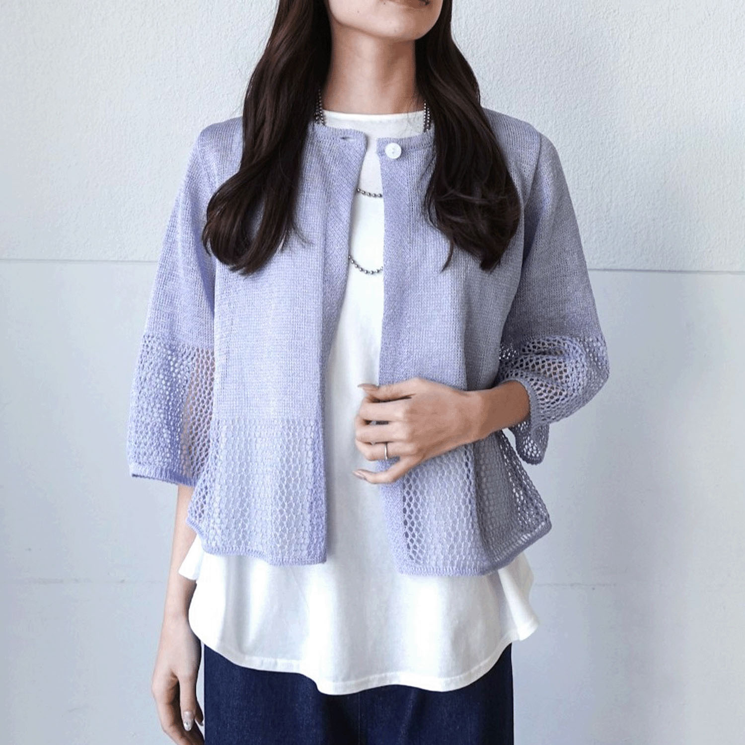 抄繊糸透かし編み1釦カーディガン - 画像21