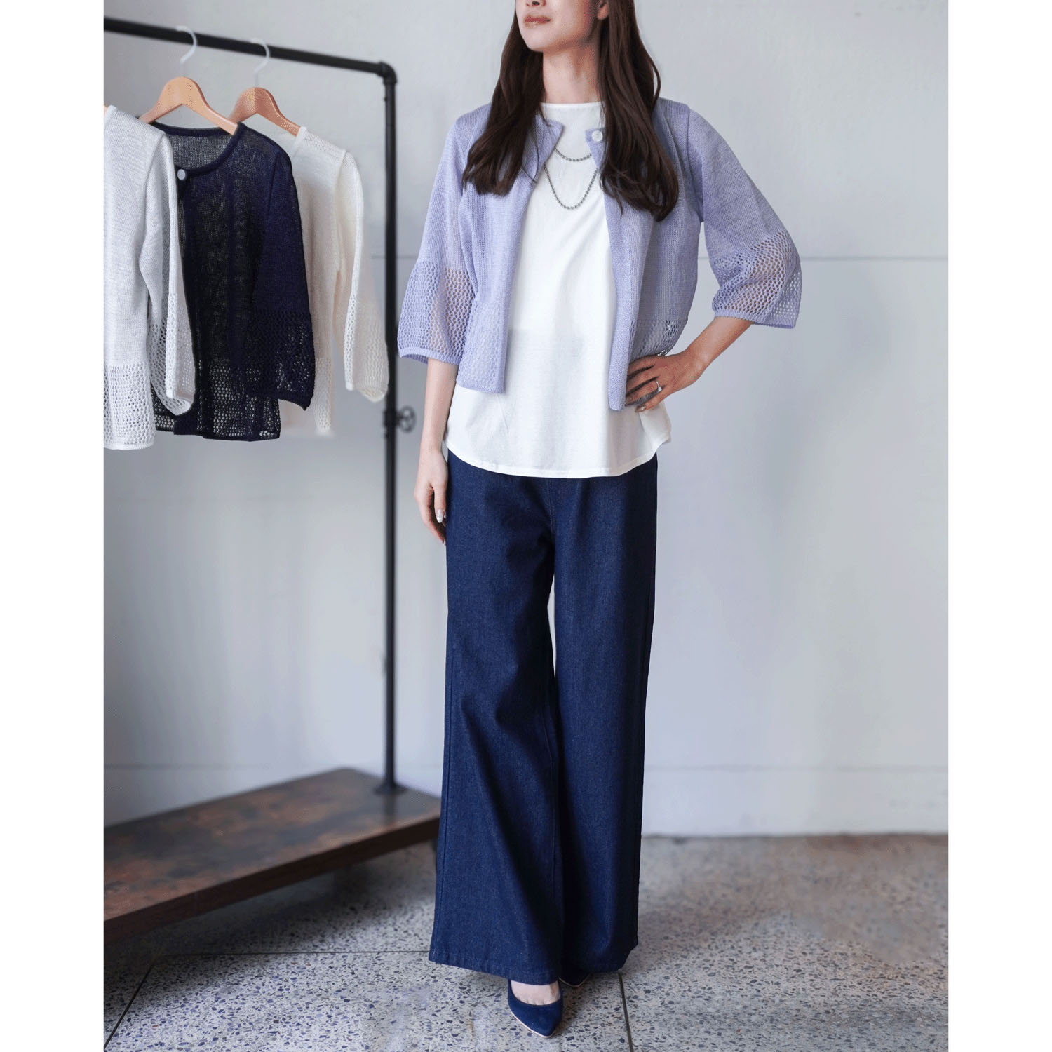 抄繊糸透かし編み1釦カーディガン - 画像9