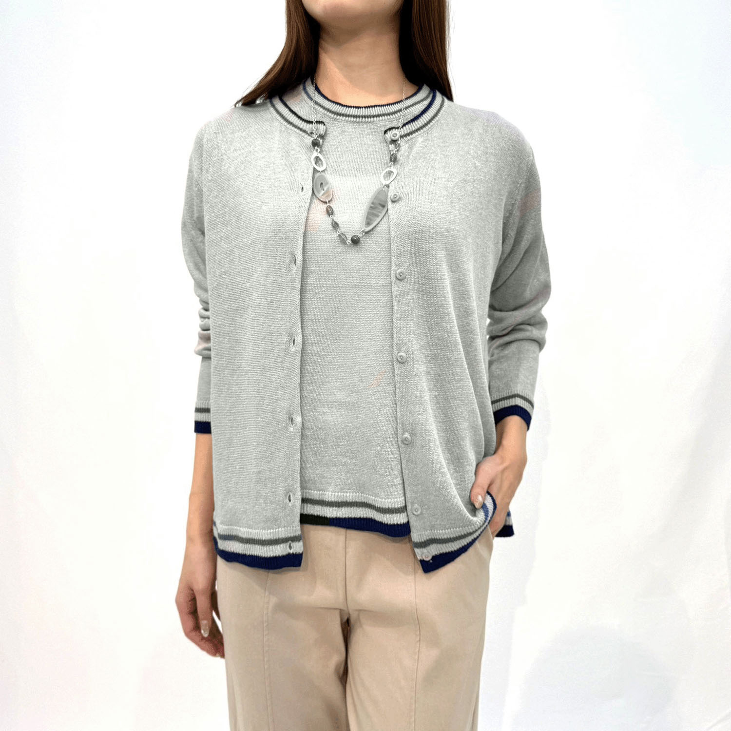 麻100％3配色カーディガン - 画像2